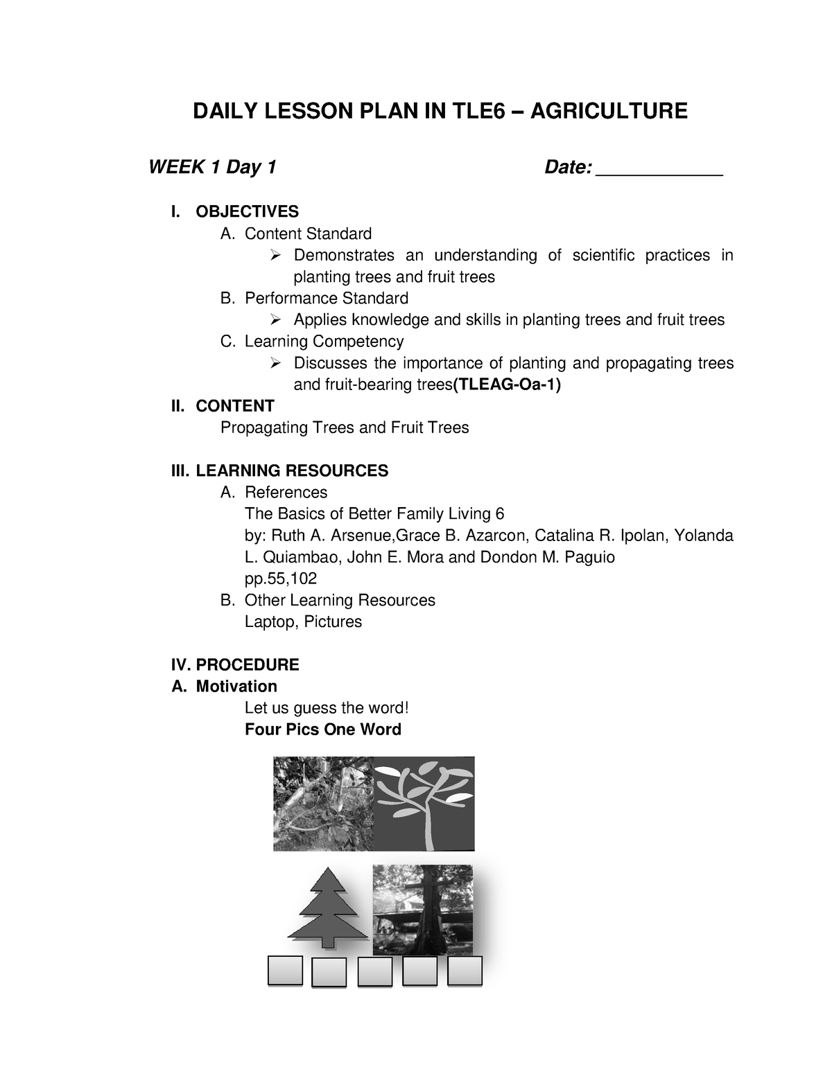 Grade 6 Dlp Tle Agriculture Week 1 Daily Lesson Plan In Tle6 Agriculture Week 1 Day 1 Date 5878