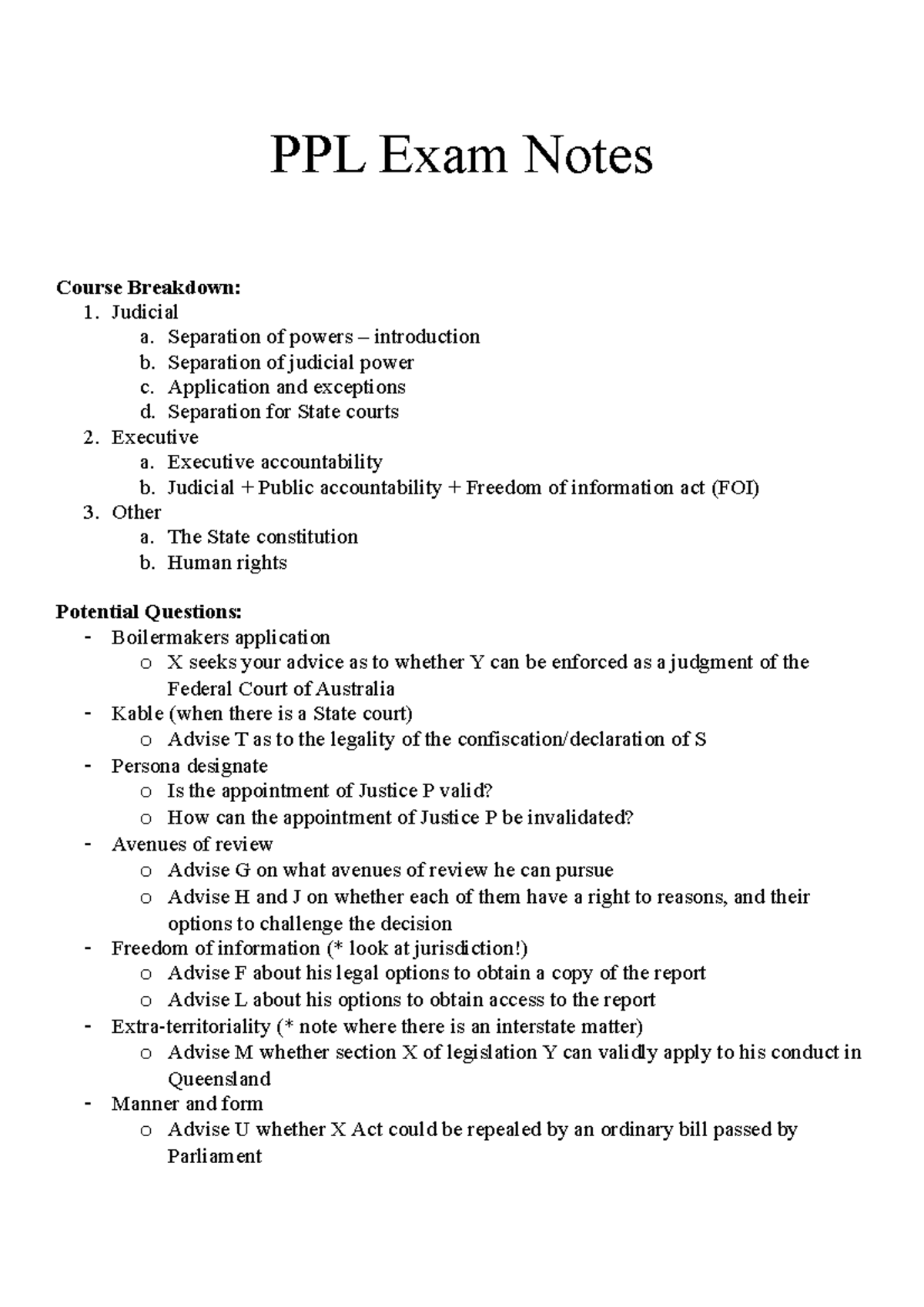 PPL Exam Notes - PPL Exam Notes Course Breakdown: 1. Judicial A ...