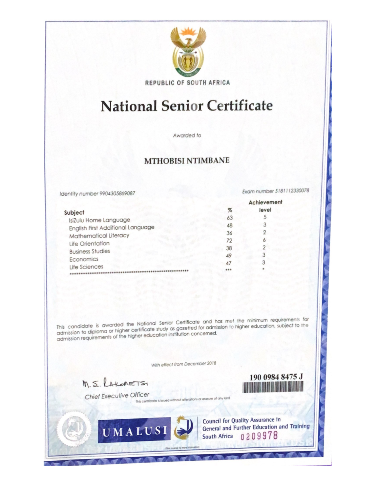 National Senior Certificate - With effect from December 2018 M ...
