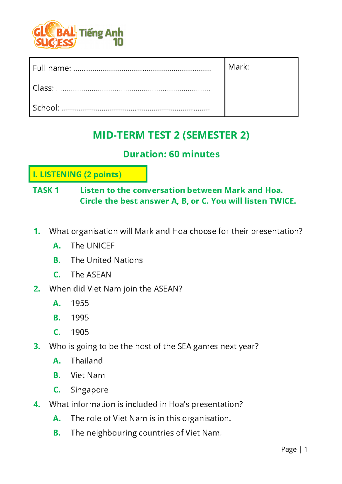 MID-TERM TEST 2 (Semester 2) - Full Name: - Studocu