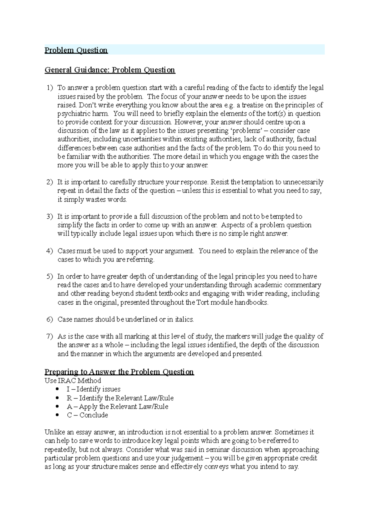 Tort Law Exam Guidance - Problem Question General Guidance: Problem ...