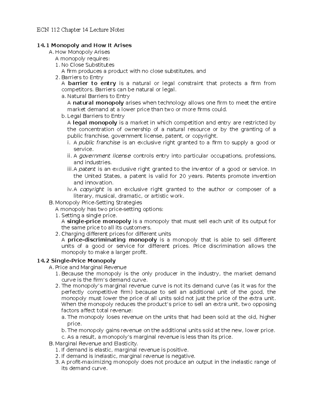 ECN 112 Chapter 14 Lecture Notes - ECN 112 Chapter 14 Lecture Notes 14 ...