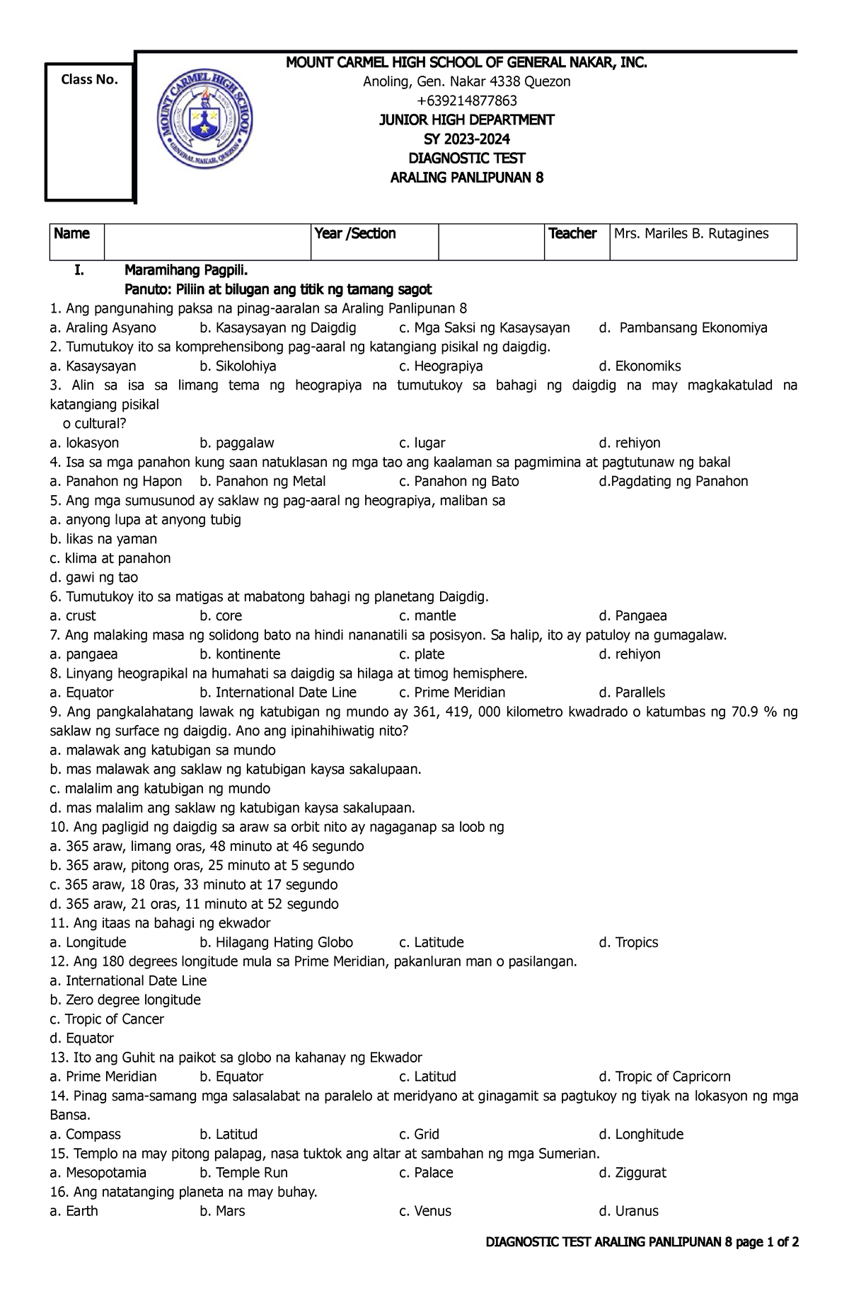 Diagnostic Test In AP 8 - Different Notes In Araling Panlipunan - MOUNT ...