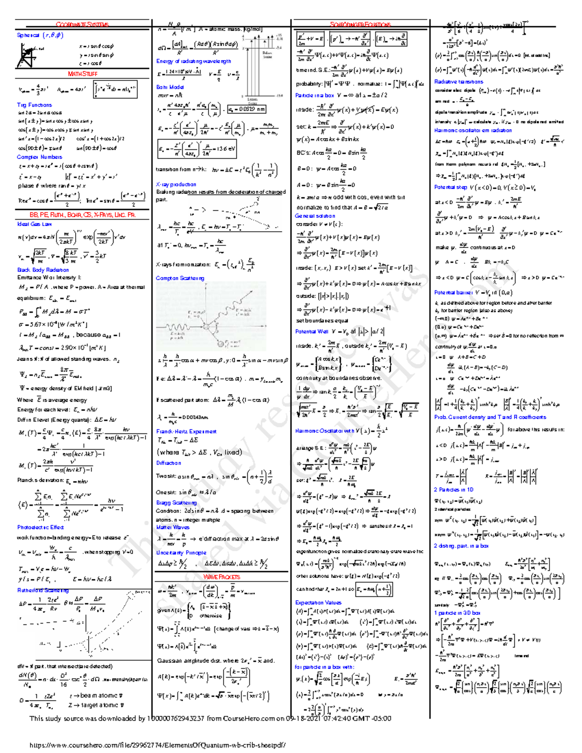 Elements Of Quantum wb crib sheet - COORDINATE SYSTEMS Spherical ( r ,θ ...