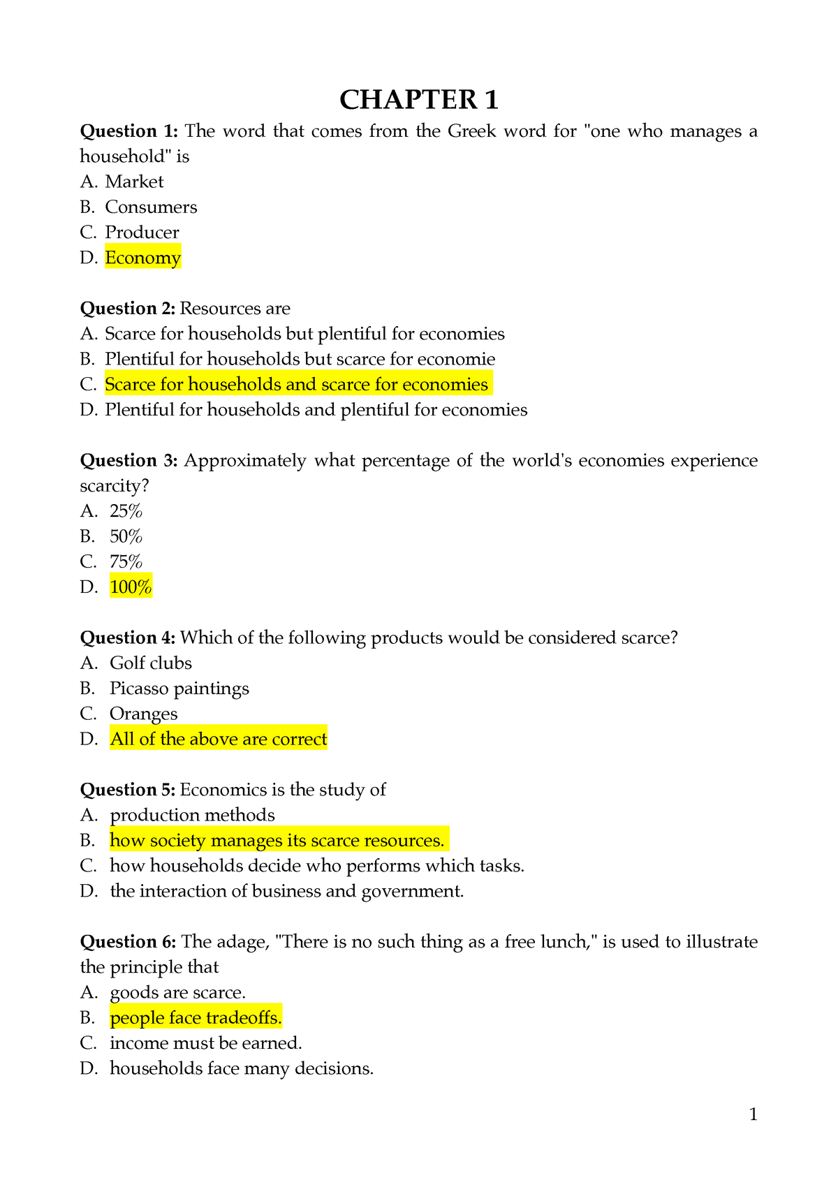 Microeconomics Chapter 1 Review Quiz - CHAPTER 1 Question 1: The Word ...