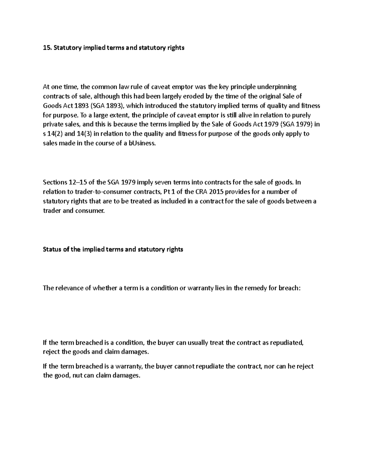 15. Statutory implied terms and statutory rights 15. Statutory