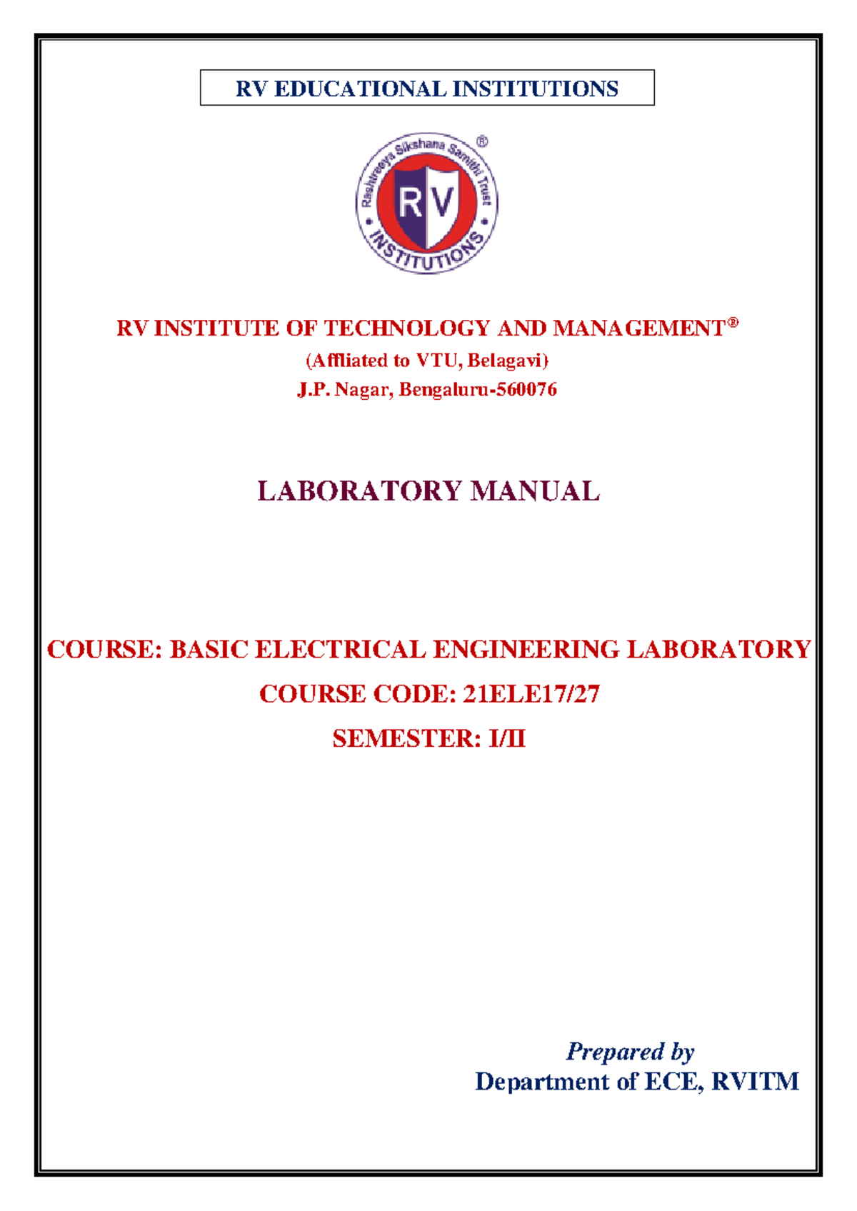 Basic Electrical Lab Manual RV INSTITUTE OF TECHNOLOGY AND MANAGEMENT