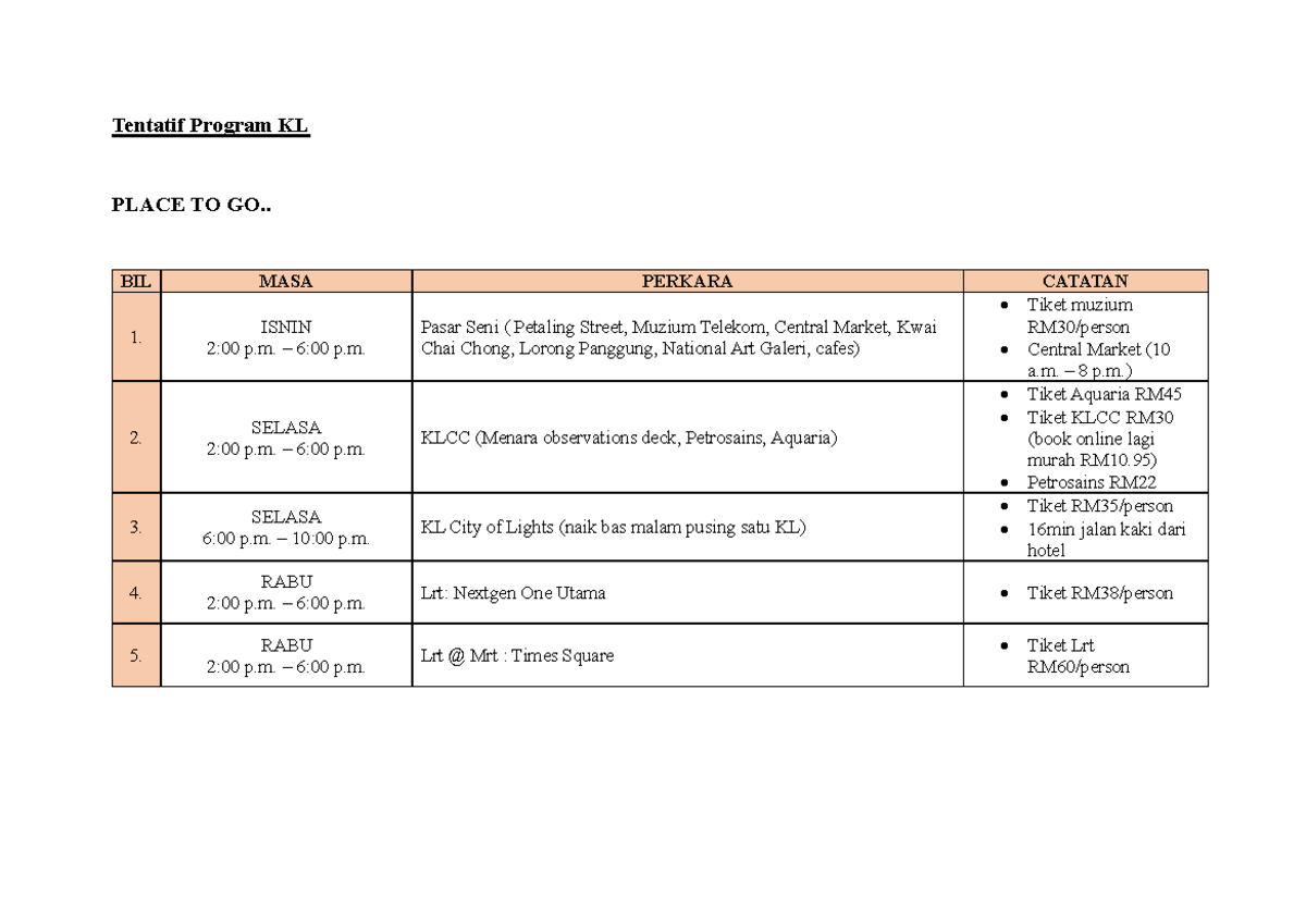Tentatif Program KL - ... - Tentatif Program KL PLACE TO GO.. BIL MASA ...