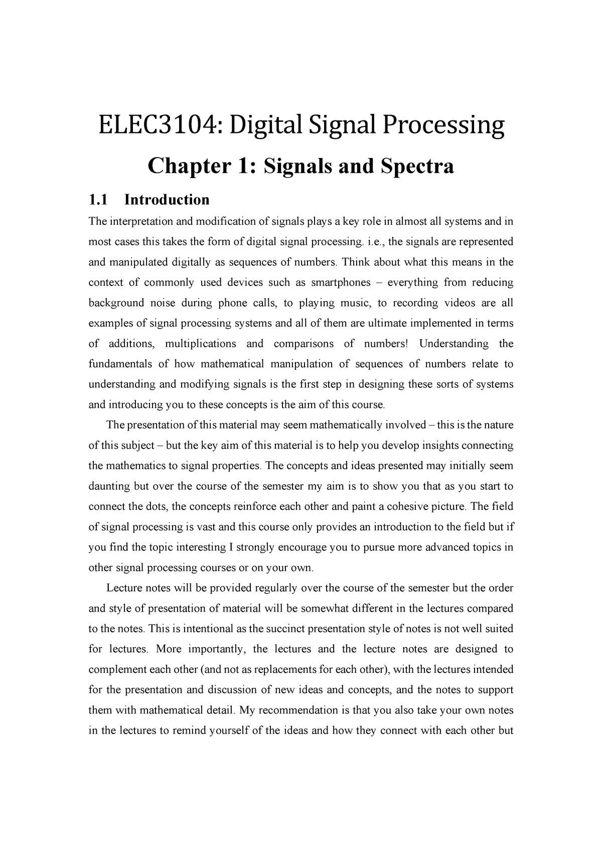 Elec3104 Chapter 1 - ELEC3104: Digital Signal Processing Chapter 1 ...