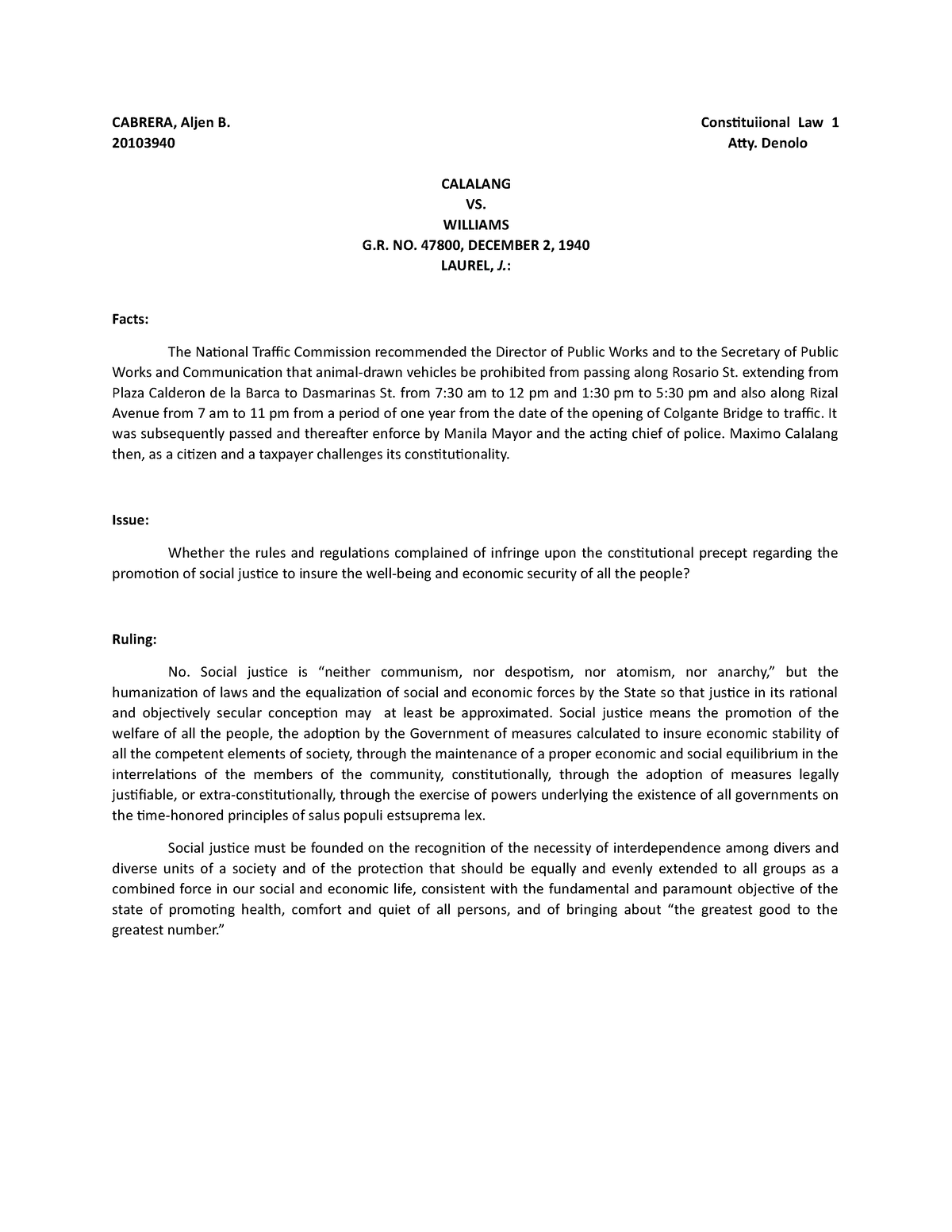 Cabrera- Calalang v. Williams - CABRERA, Aljen B. Constituiional Law 1 ...