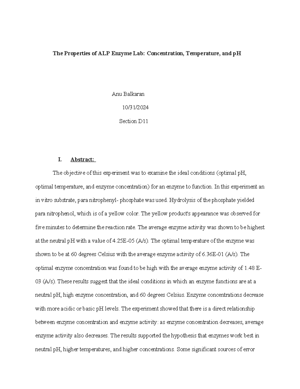 Bio Lab Report Enzymes - The Properties of ALP Enzyme Lab ...