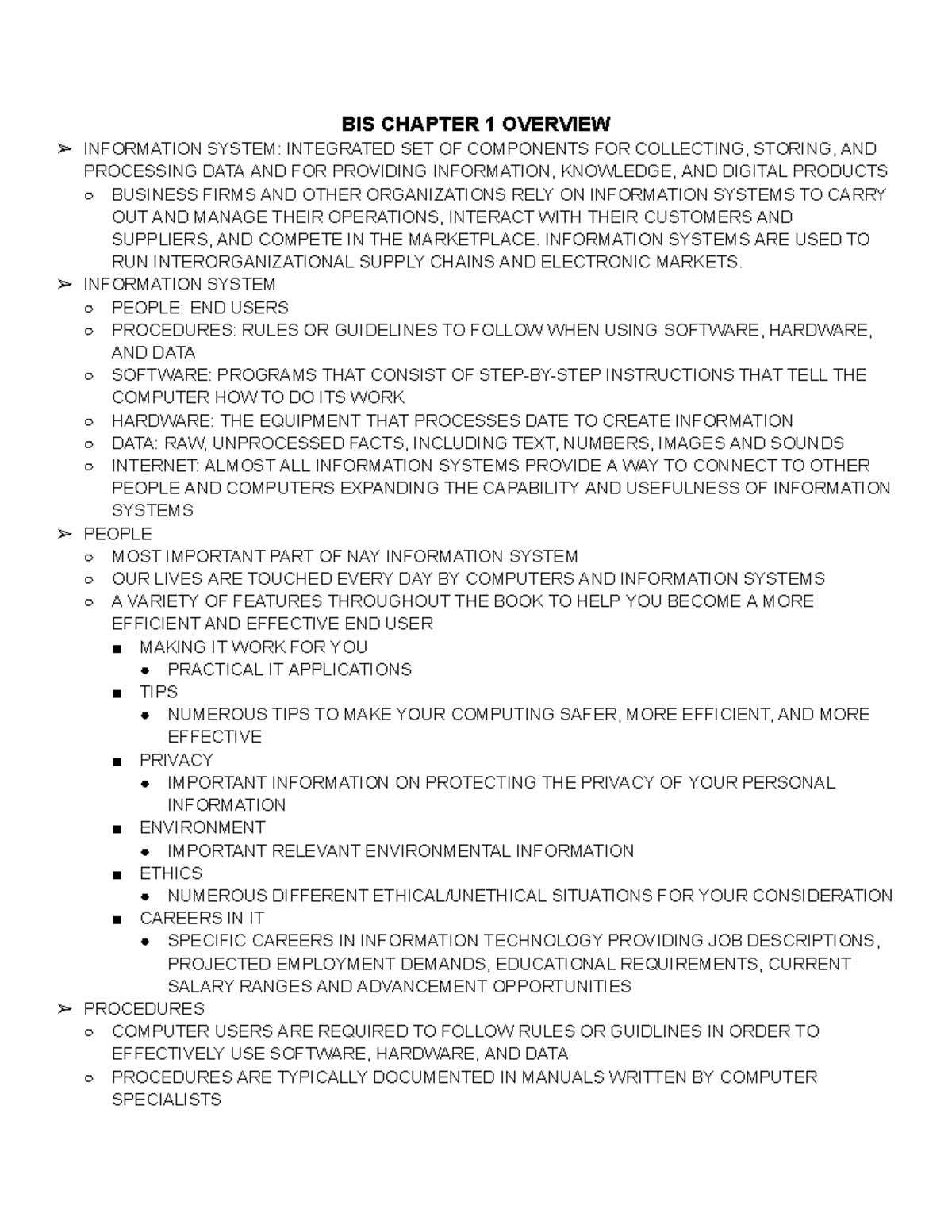 BIS Chapter 1 Overview notes from lecture BIS CHAPTER 1 OVERVIEW