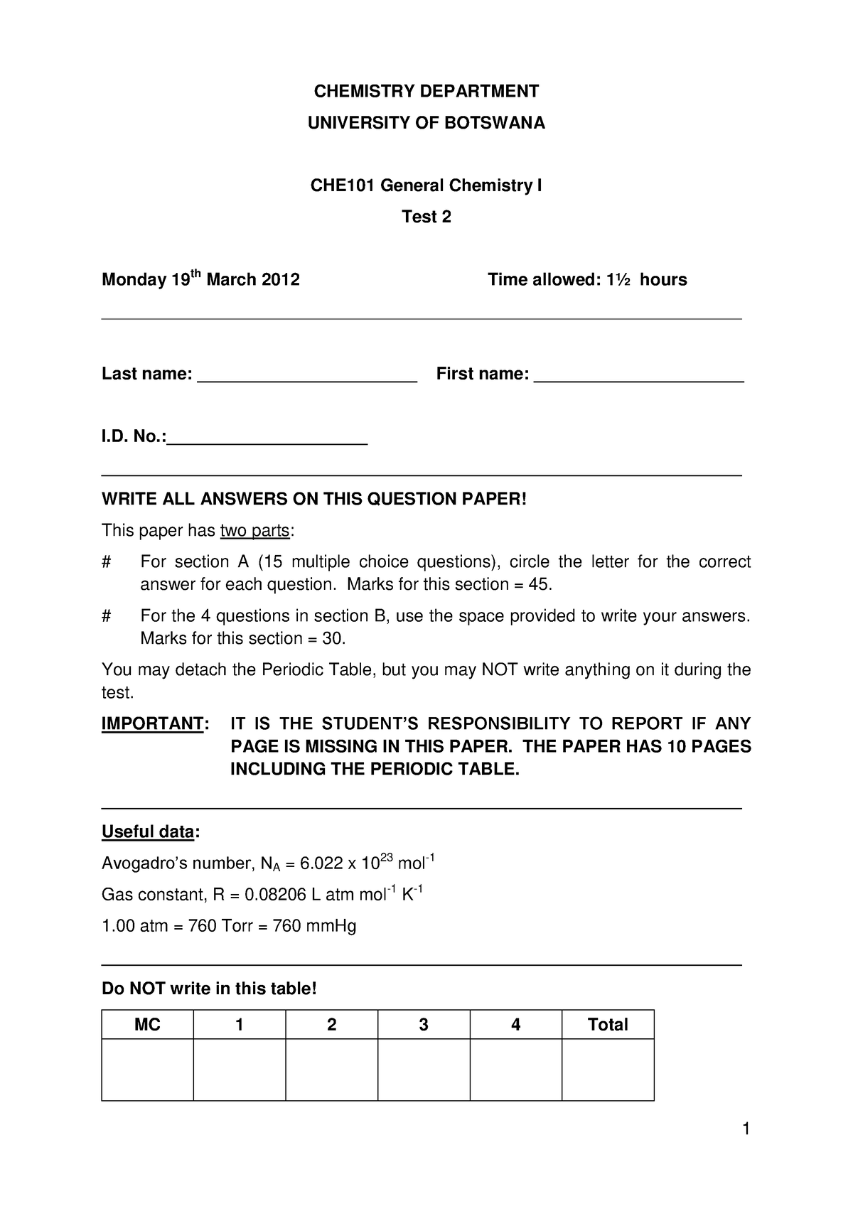 Tests 2 CHEM - Hslrodhb - CHEMISTRY DEPARTMENT UNIVERSITY OF BOTSWANA ...