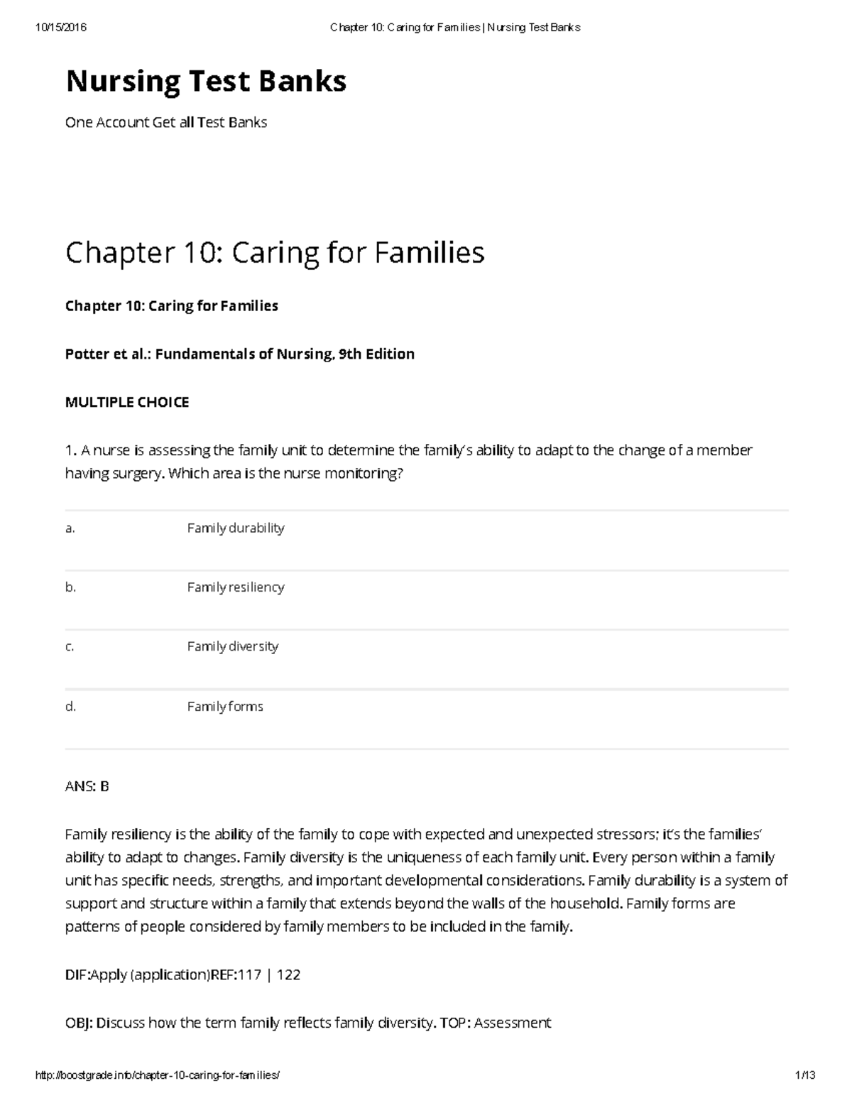 10 Caring for Families Nursing Test Banks - Nursing Test Banks One