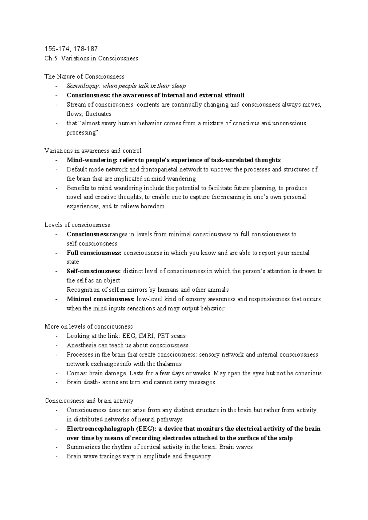 Psych 100- ch 5 notes - 155-174, 178- Ch: Variations in Consciousness ...