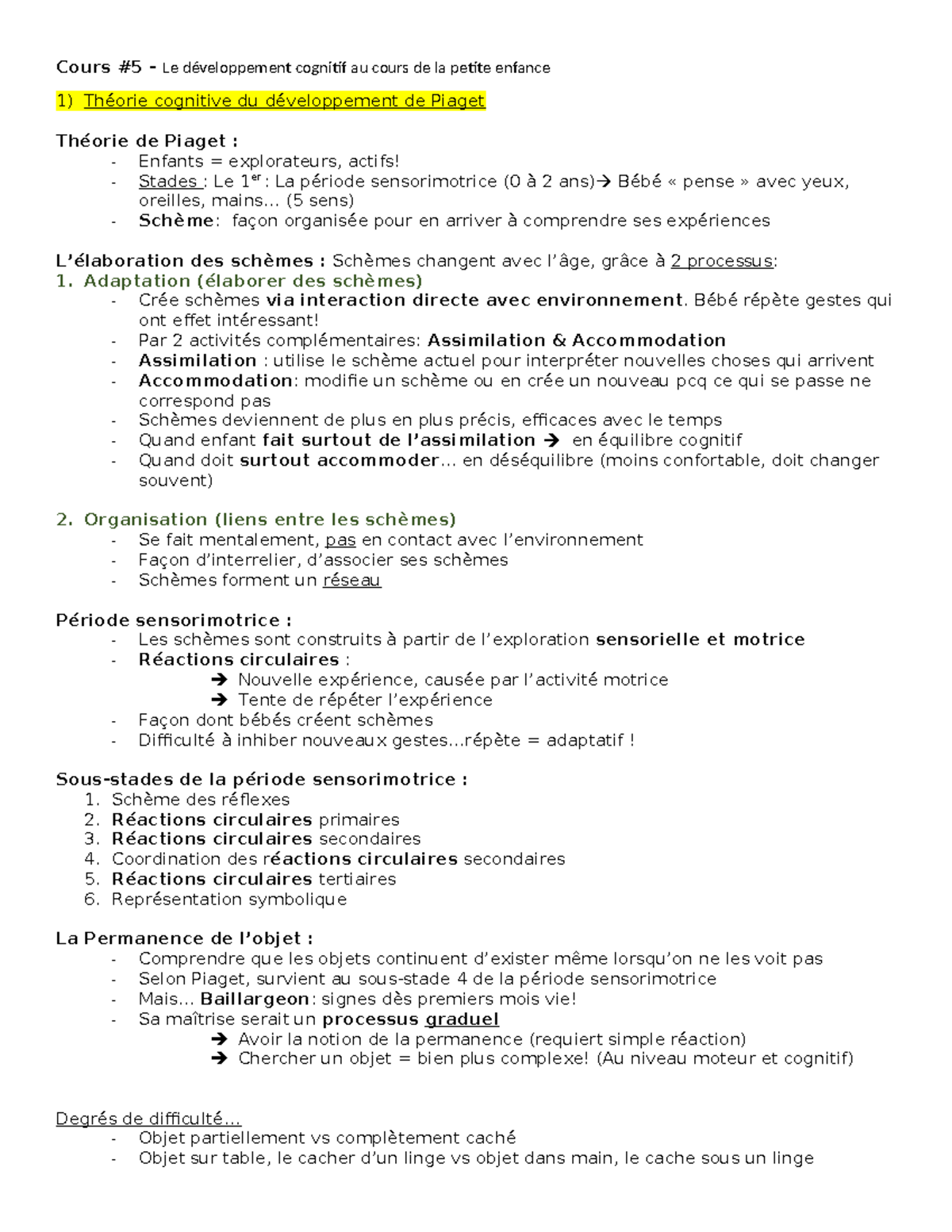 Note Intra cours 5 Cours 5 Le développement cognitif au cours de