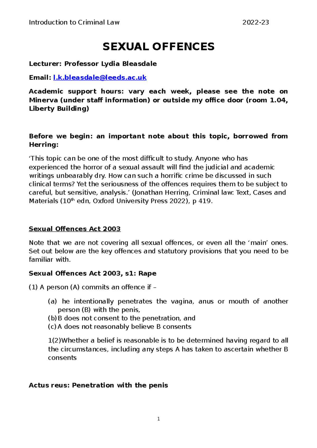 Sexual Offences - SEXUAL OFFENCES Lecturer: Professor Lydia Bleasdale ...