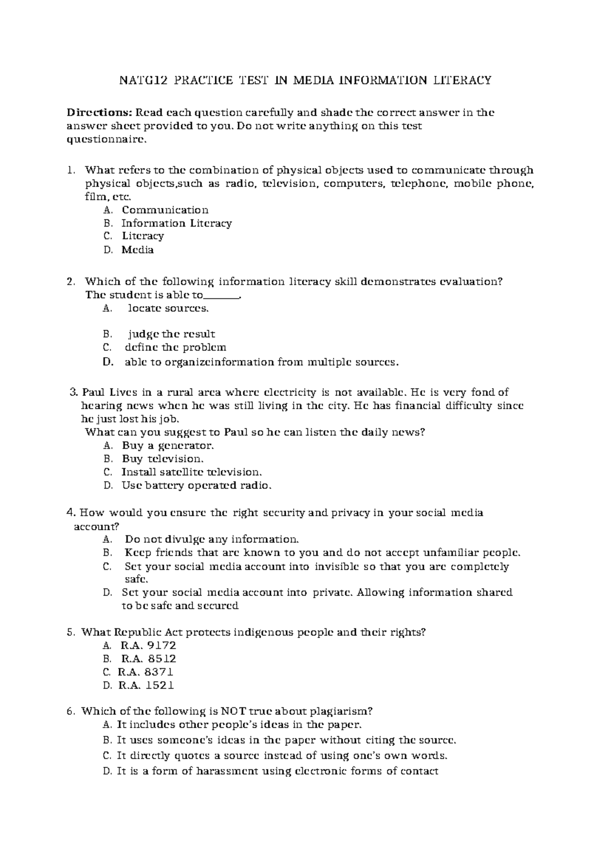 NAT12 Reviewer MIL set 1 - NATG12 PRACTICE TEST IN MEDIA INFORMATION ...