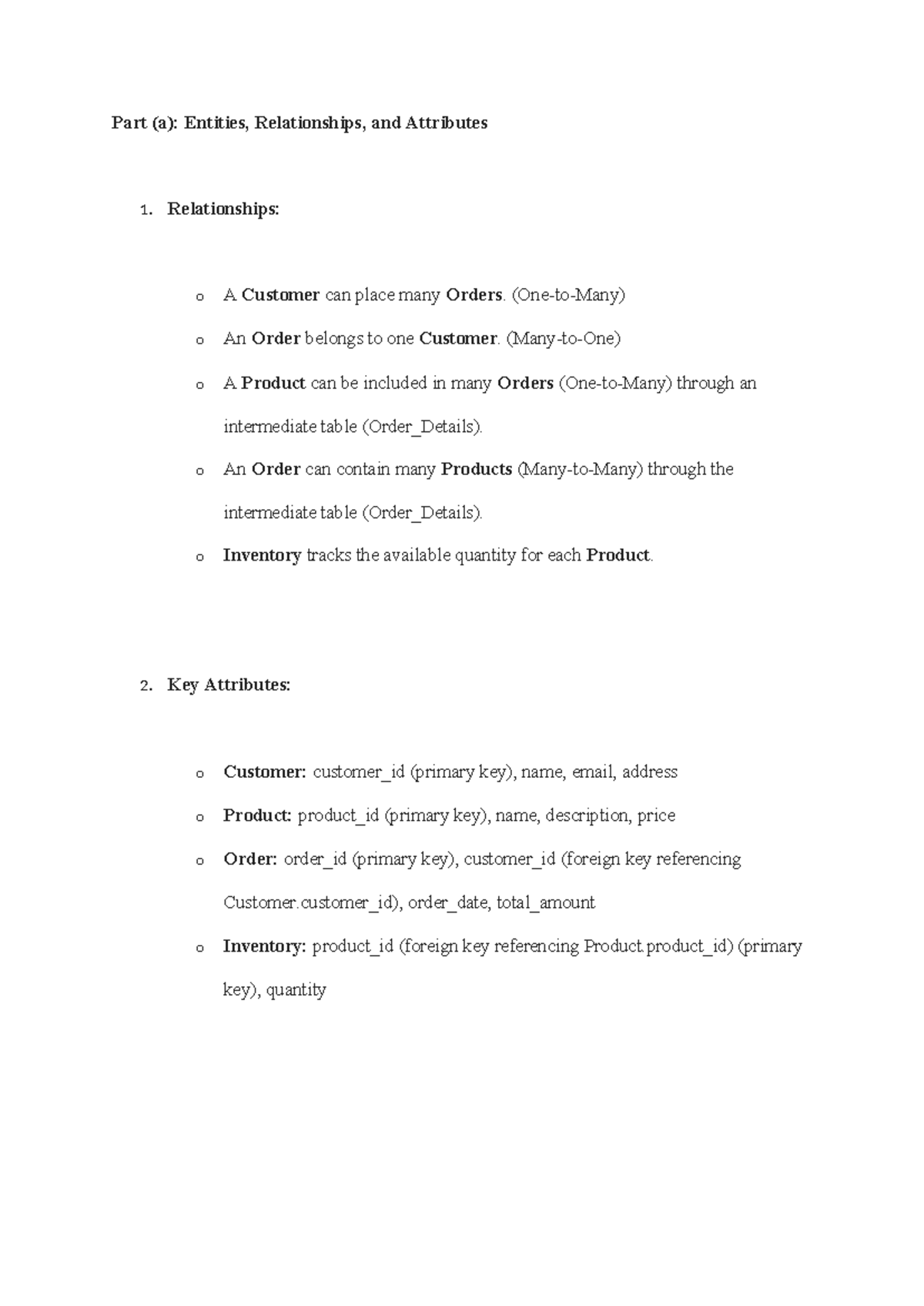 Assignment 2 - 10/10 - Part (a): Entities, Relationships, and ...