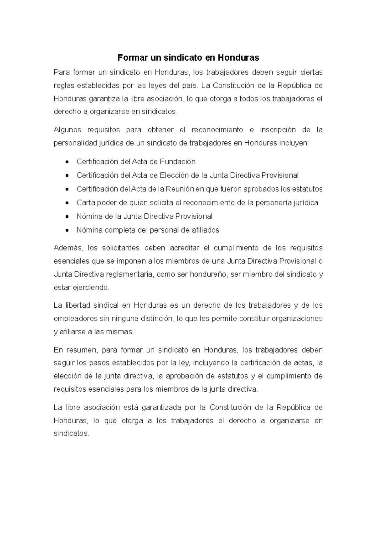 Formar un sindicato en Honduras - La Constitución de la República de ...