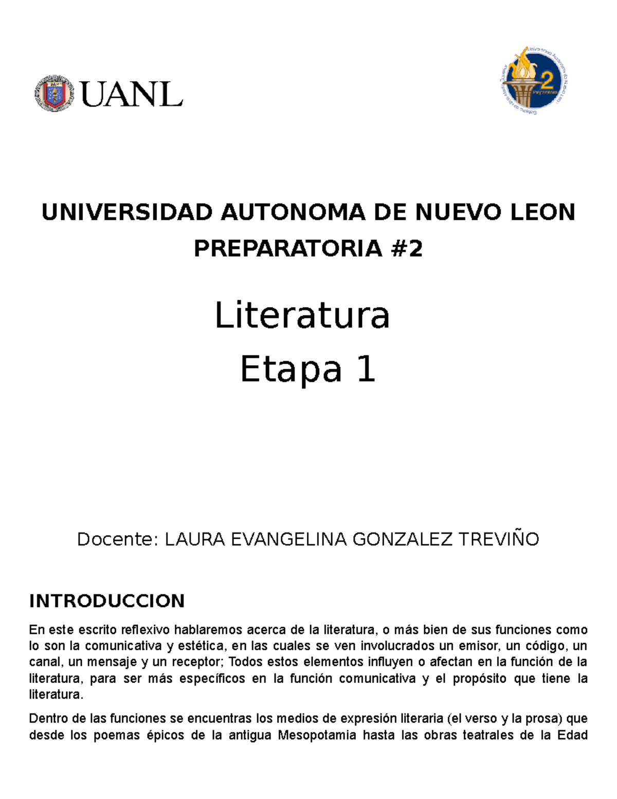Literatura-E1-EVI - Evidencia - UNIVERSIDAD AUTONOMA DE NUEVO LEON ...