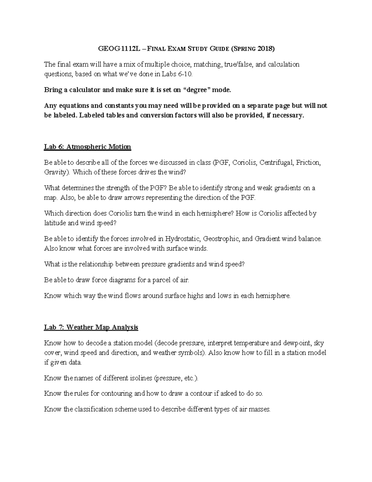 Final Study Guide - GEOG FINAL EXAM STUDY GUIDE (SPRING 2018) The final ...