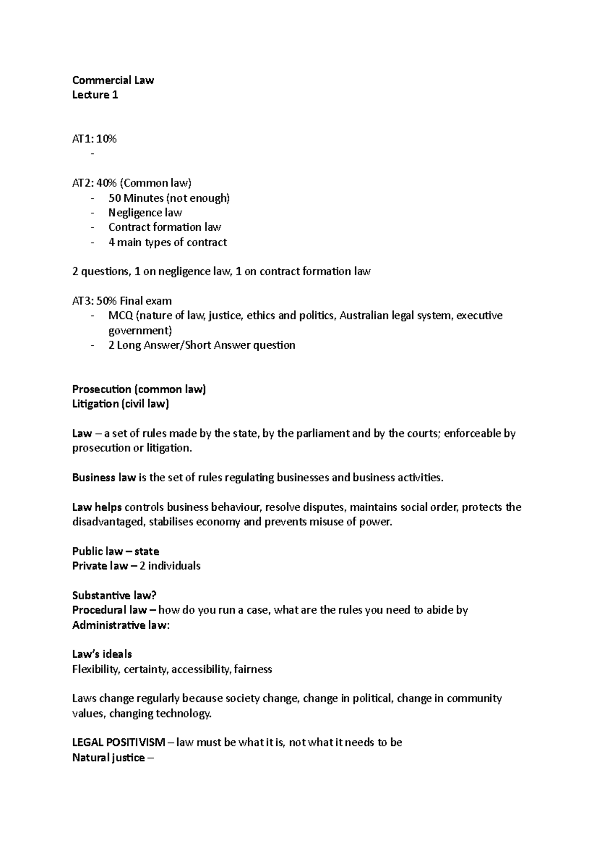 CLAW Lecture Notes - Commercial Law Lecture 1 AT1: 10% - AT2: 40% ...