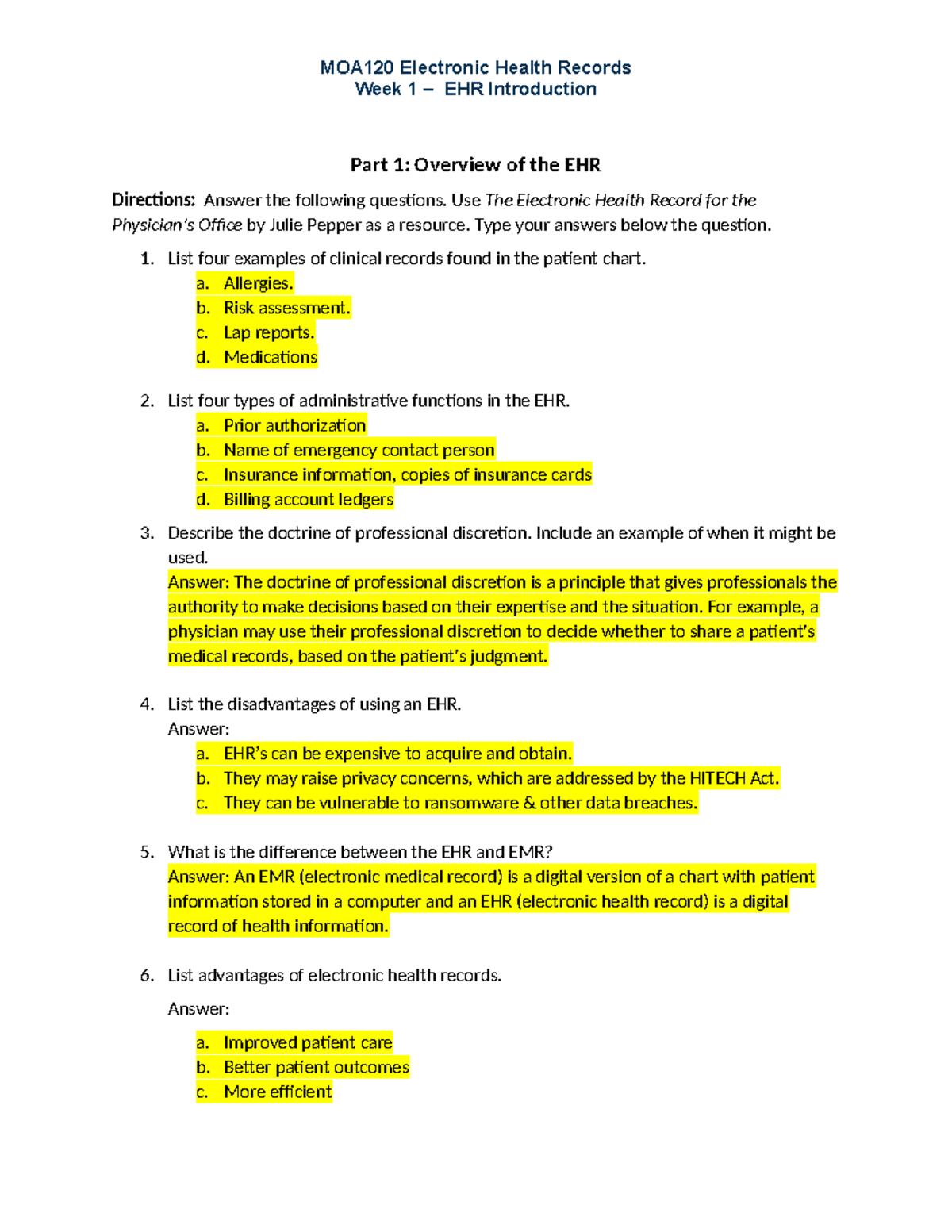 Wk1Assignment Online - MOA120 Electronic Health Records Week 1 – EHR ...