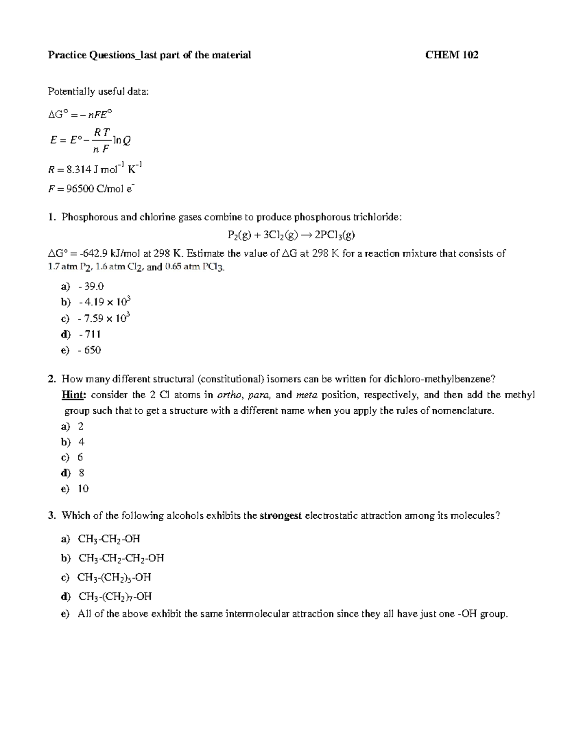 Practice Questions Chem 102 last part of the material Winter 2022 ...