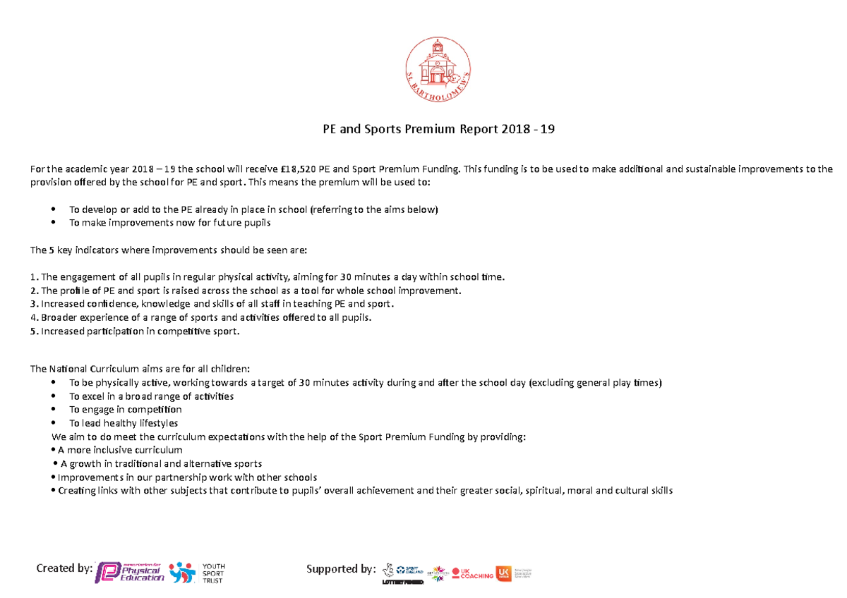 Pe and sports premium strategy report 2018 19 updated PE and Sports