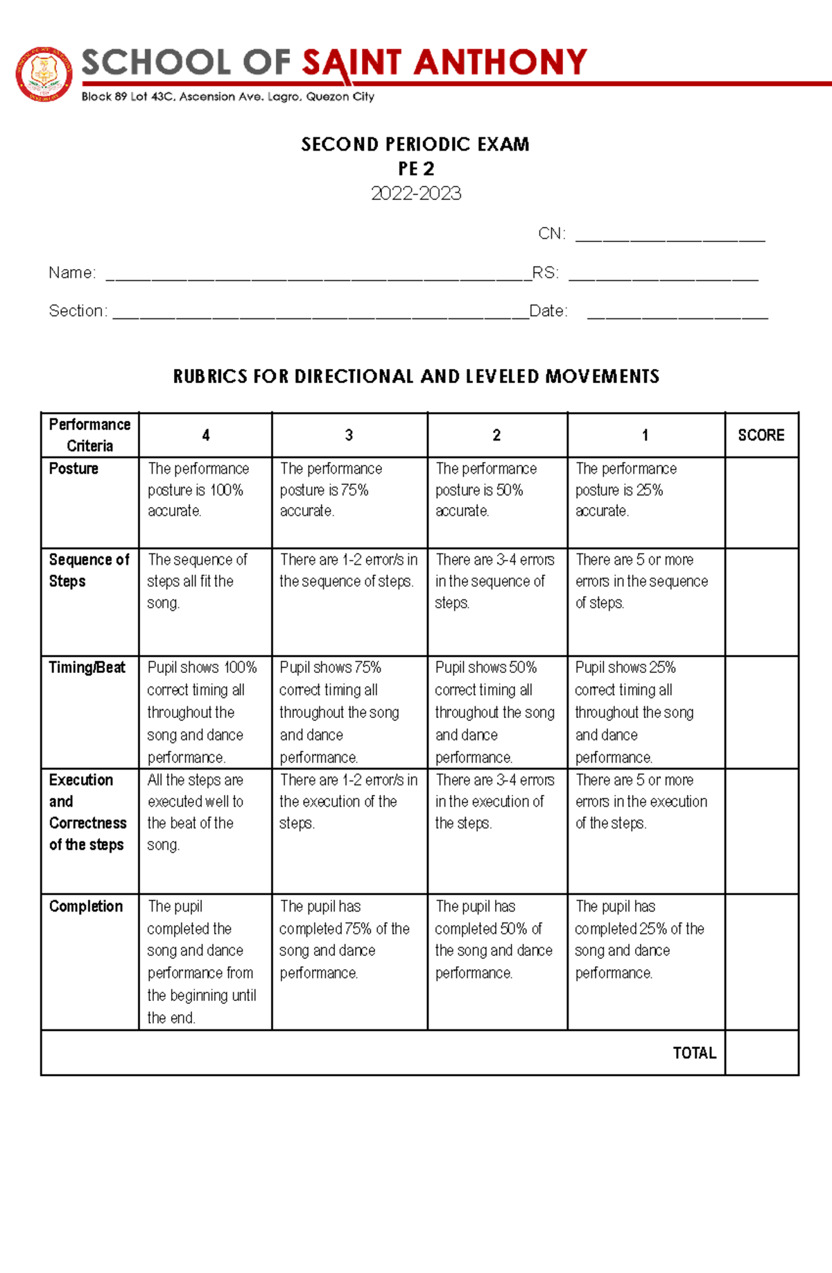 2nd PT PE 2 - For Exam - SECOND PERIODIC EXAM PE 2 2022- CN ...
