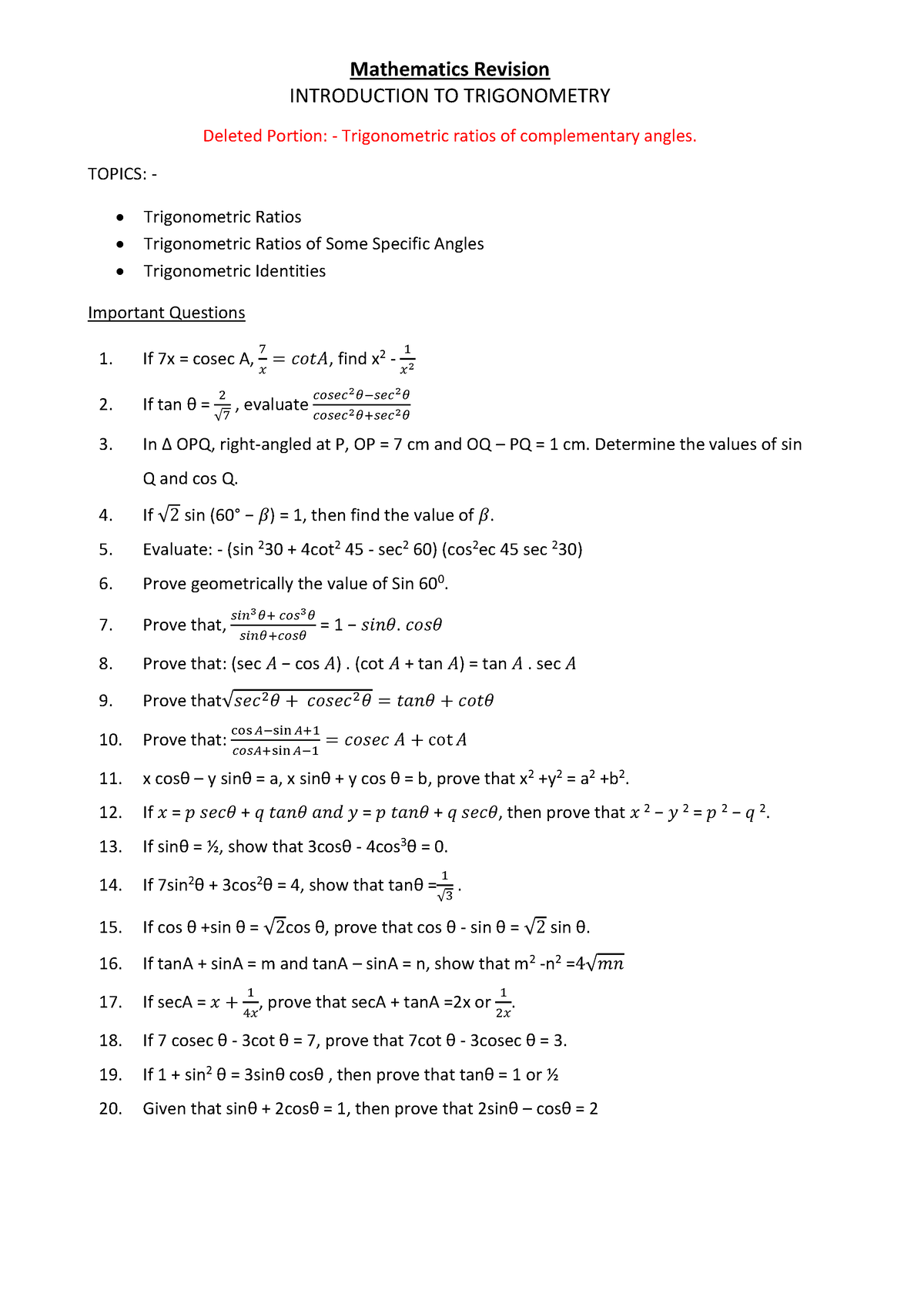 Introduction To Trigonometry Mathematics Revision Introduction To Trigonometry Deleted Portion