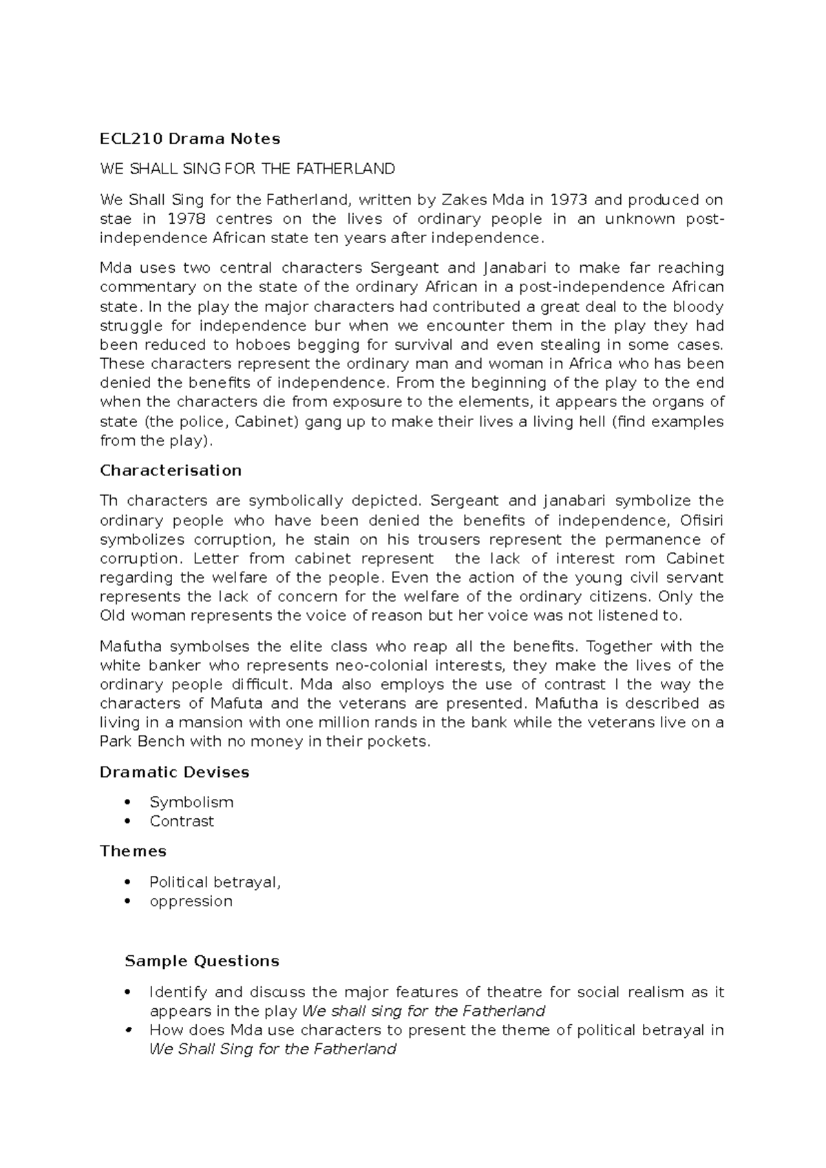 African Drama Notes - ECL210 Drama Notes WE SHALL SING FOR THE ...