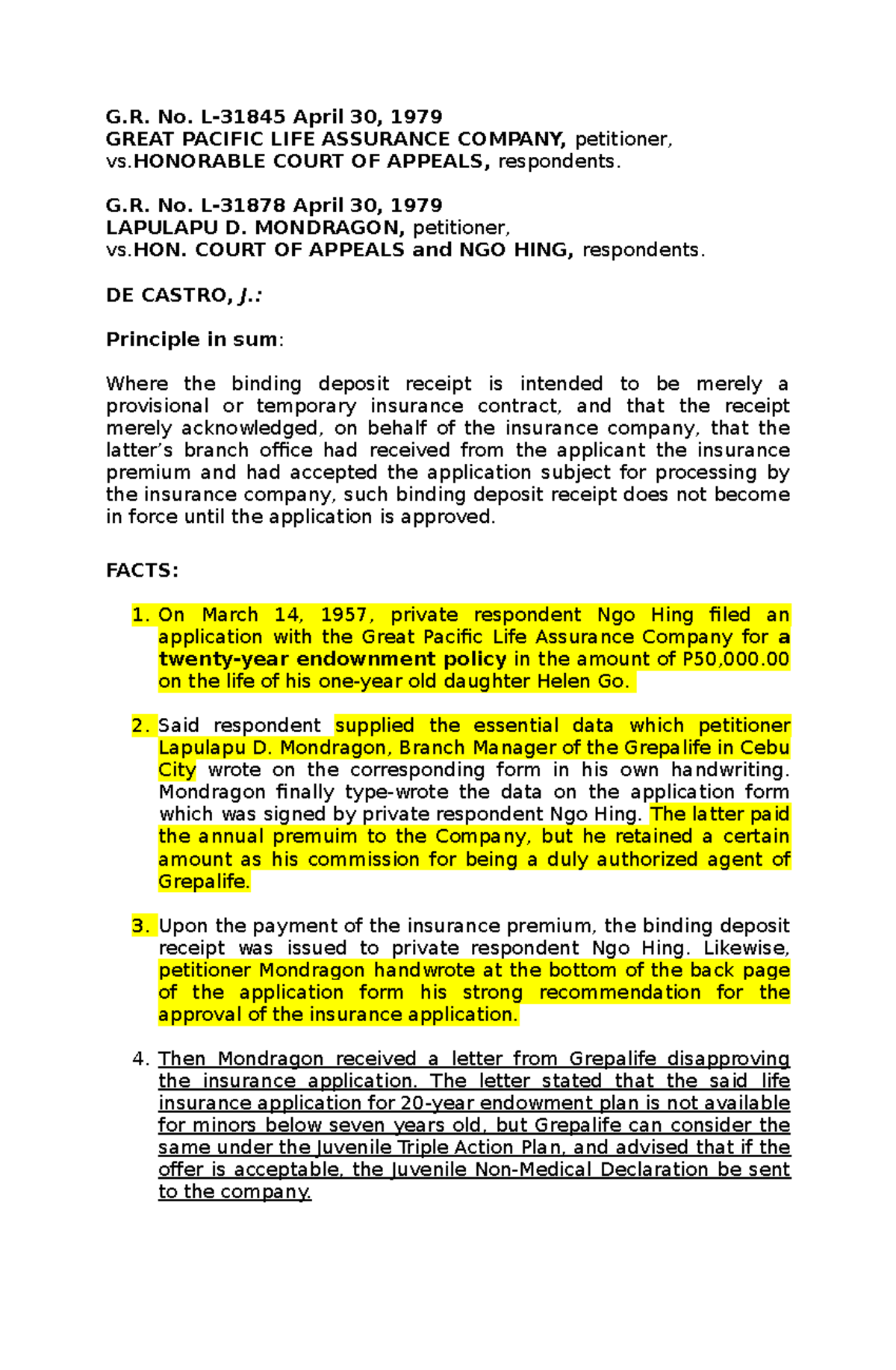 1. Great Pacific Life vs CA case digest G. No. L31845 April 30
