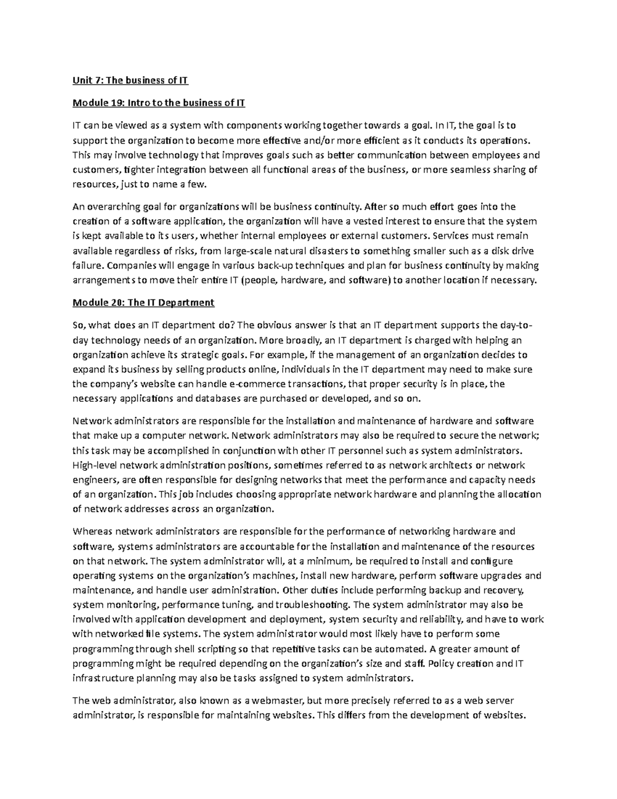 C182 Unit 7 - Lecture notes 7 - Unit 7: The business of IT Module 19 ...