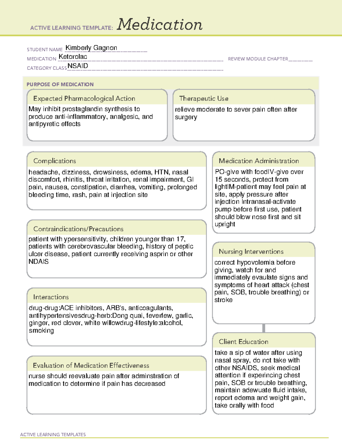 Ketorolac ATI Medication Template ACTIVE LEARNING TEMPLATES