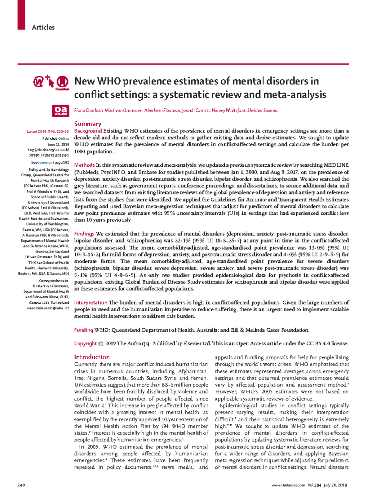 2. Charlson et al (2019 ) New WHO prevalence estimates of mental ...