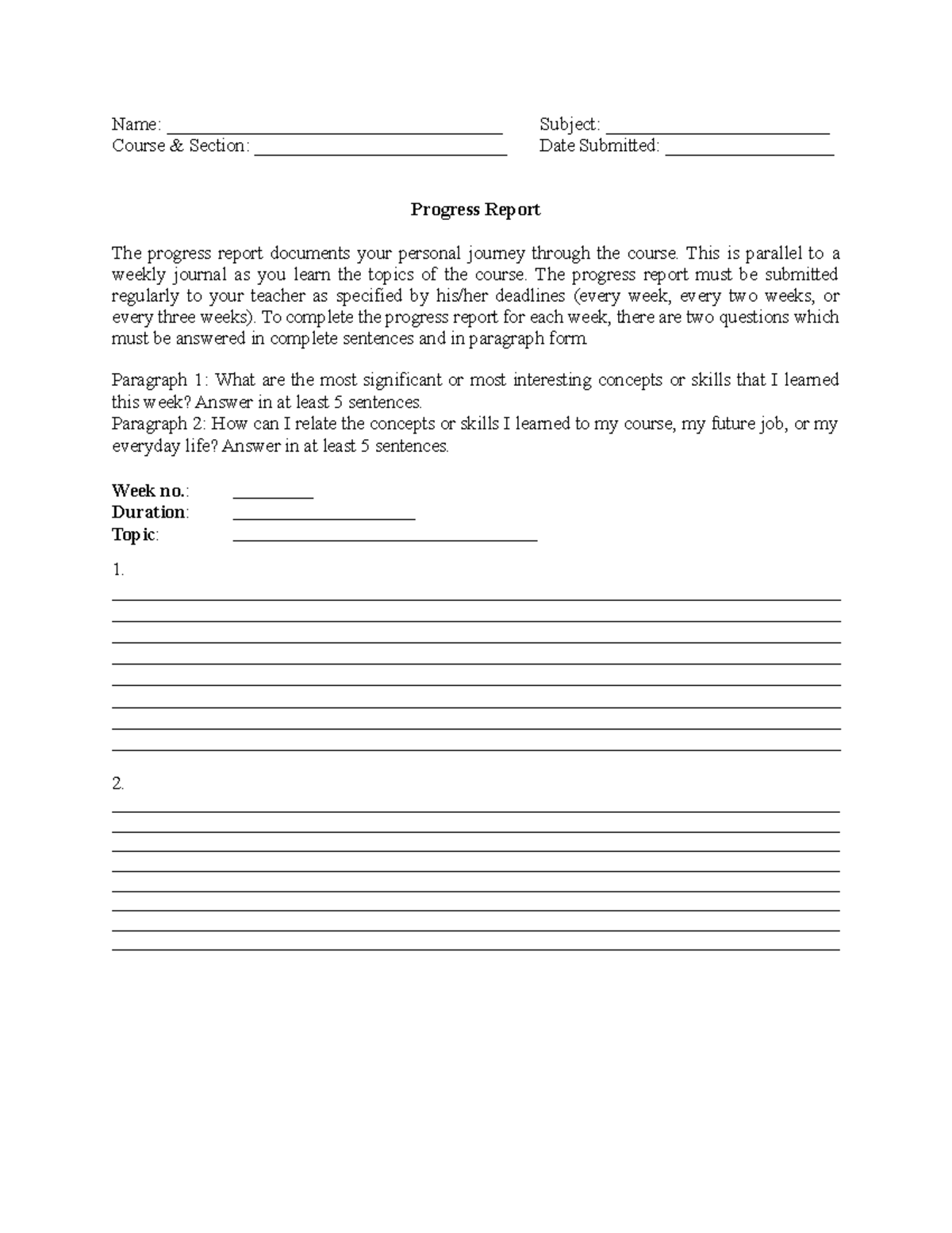 PR - Here is my sample assignment for STS. We do progress report per ...