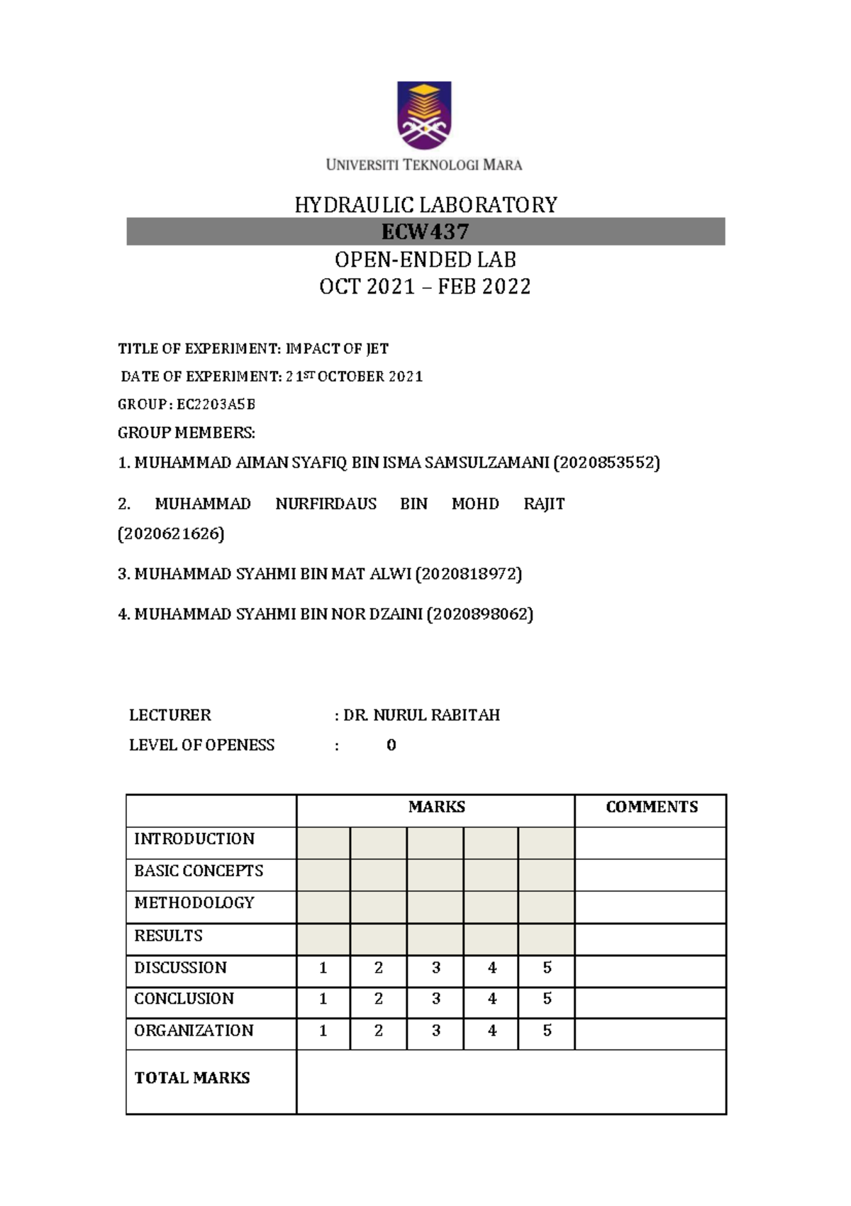 ECW 437 IMPACT OF JET - HYDRAULIC LABORATORY ECW OPEN-ENDED LAB OCT ...