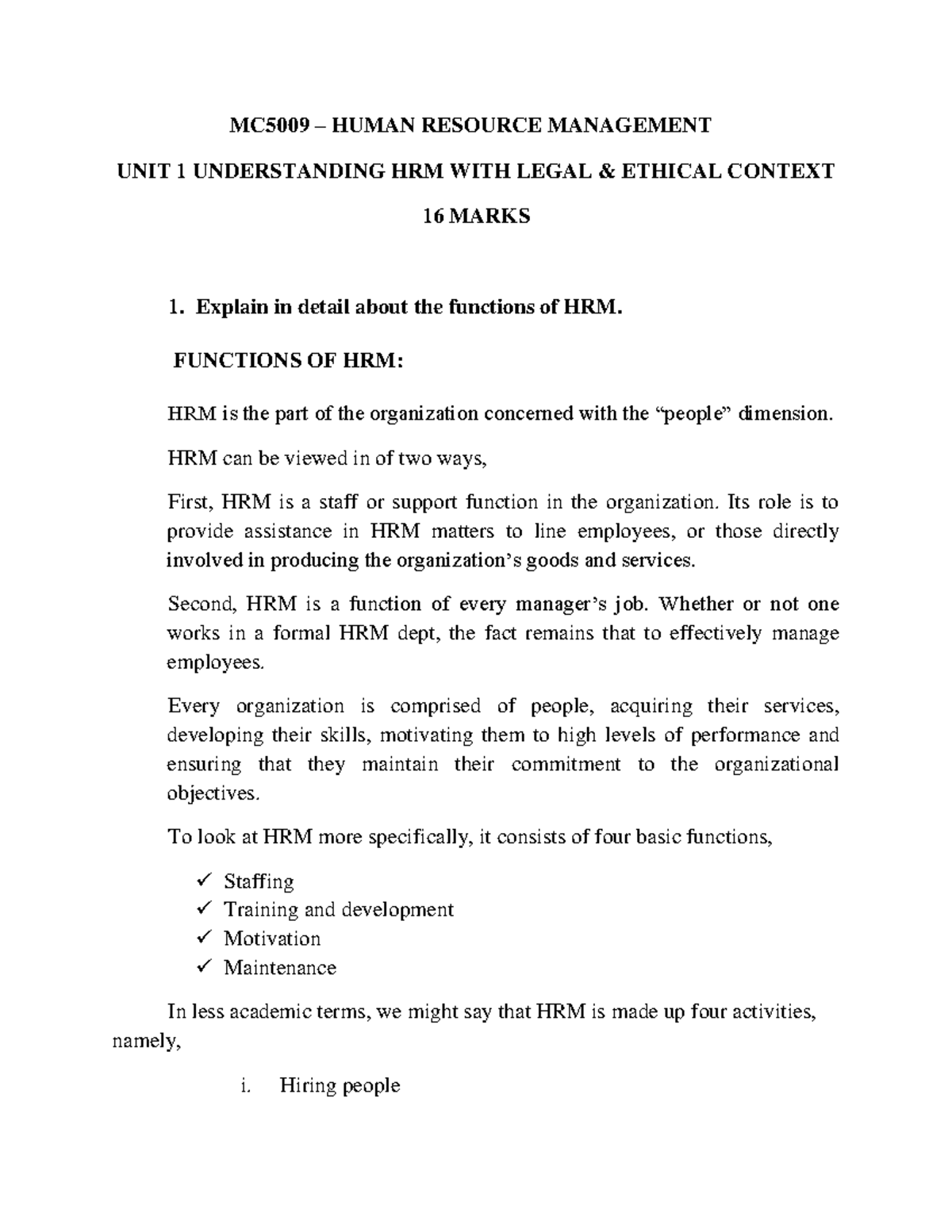 Human resource management subject under unit 1 notes Big Question with ...