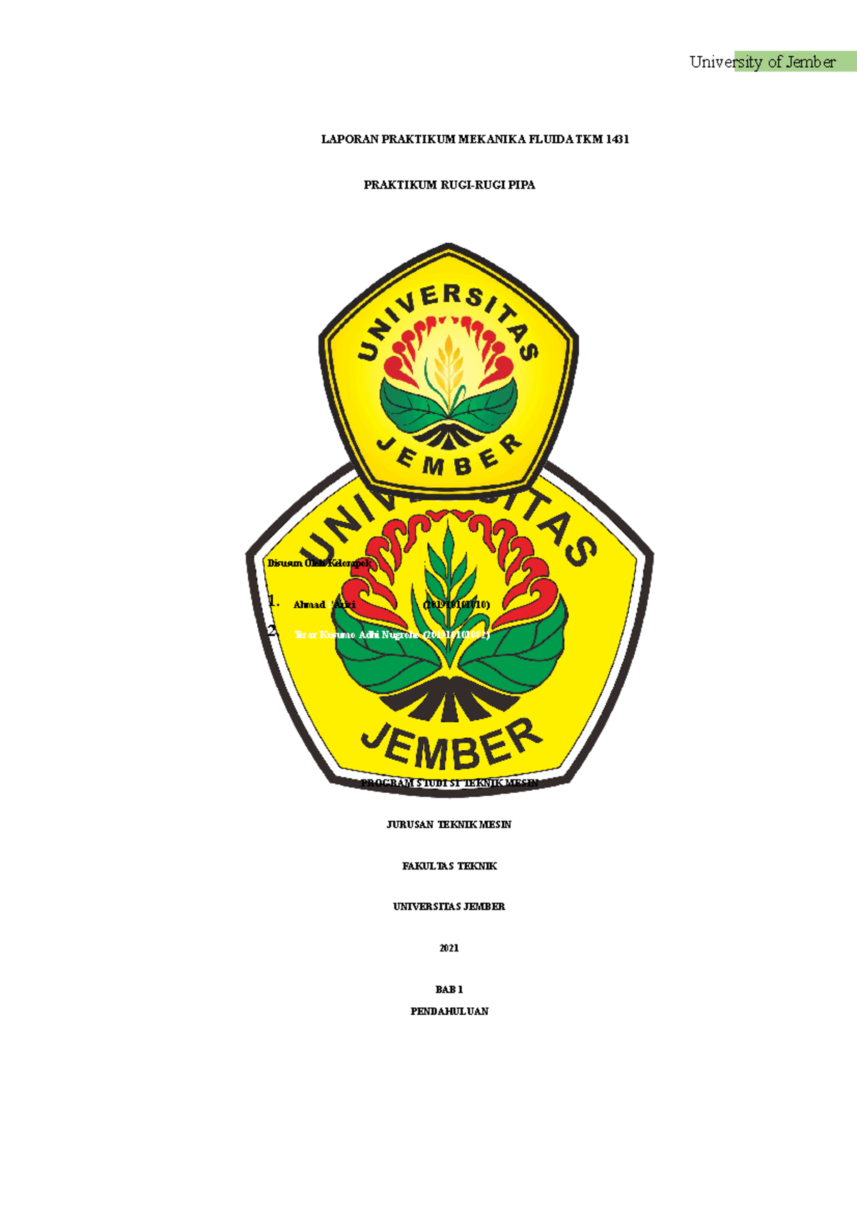 7. rugirugi pipa fisika rugirugi pipa LAPORAN PRAKTIKUM MEKANIKA FLUIDA TKM 1431 PRAKTIKUM