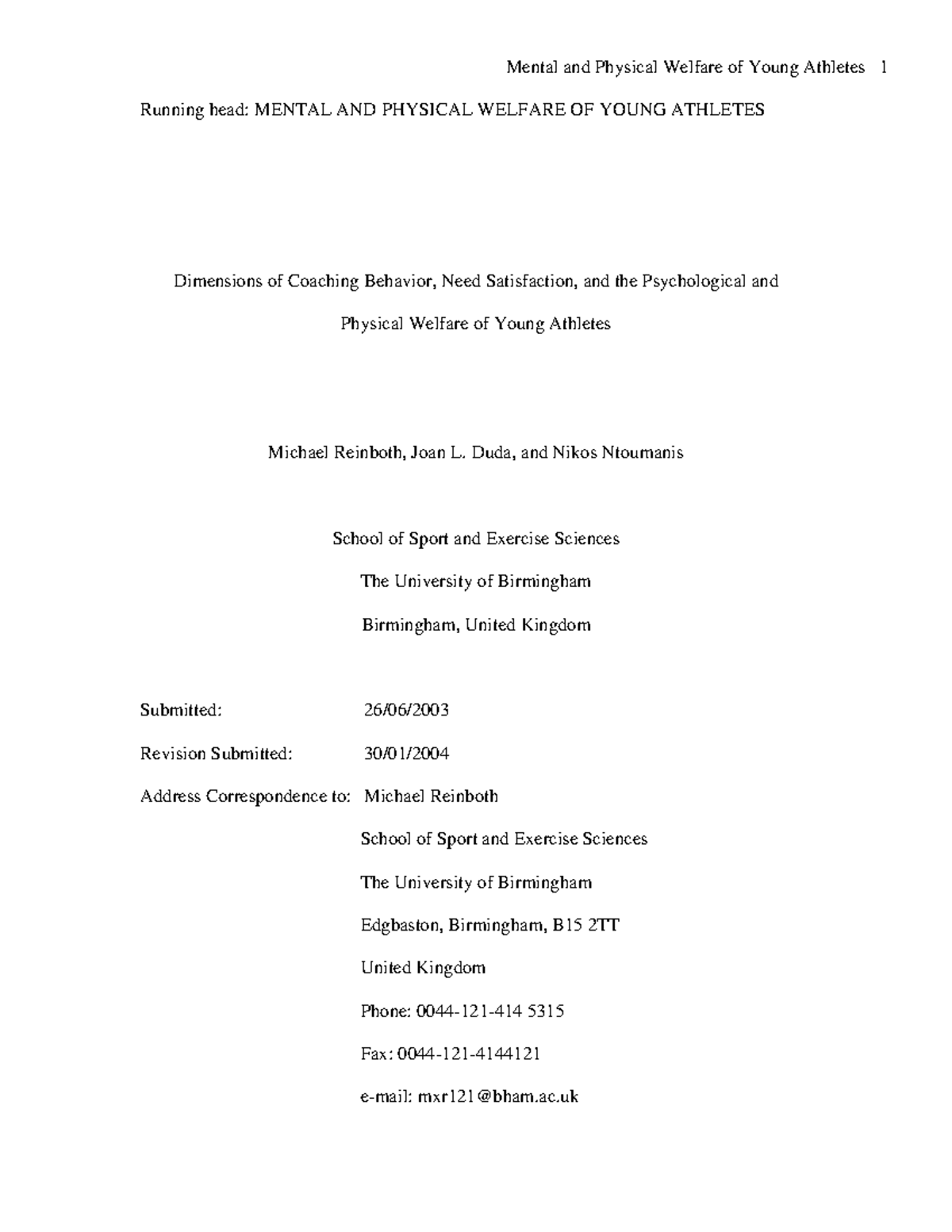 Dimensions of coaching behavior need sat - Running head: MENTAL AND ...