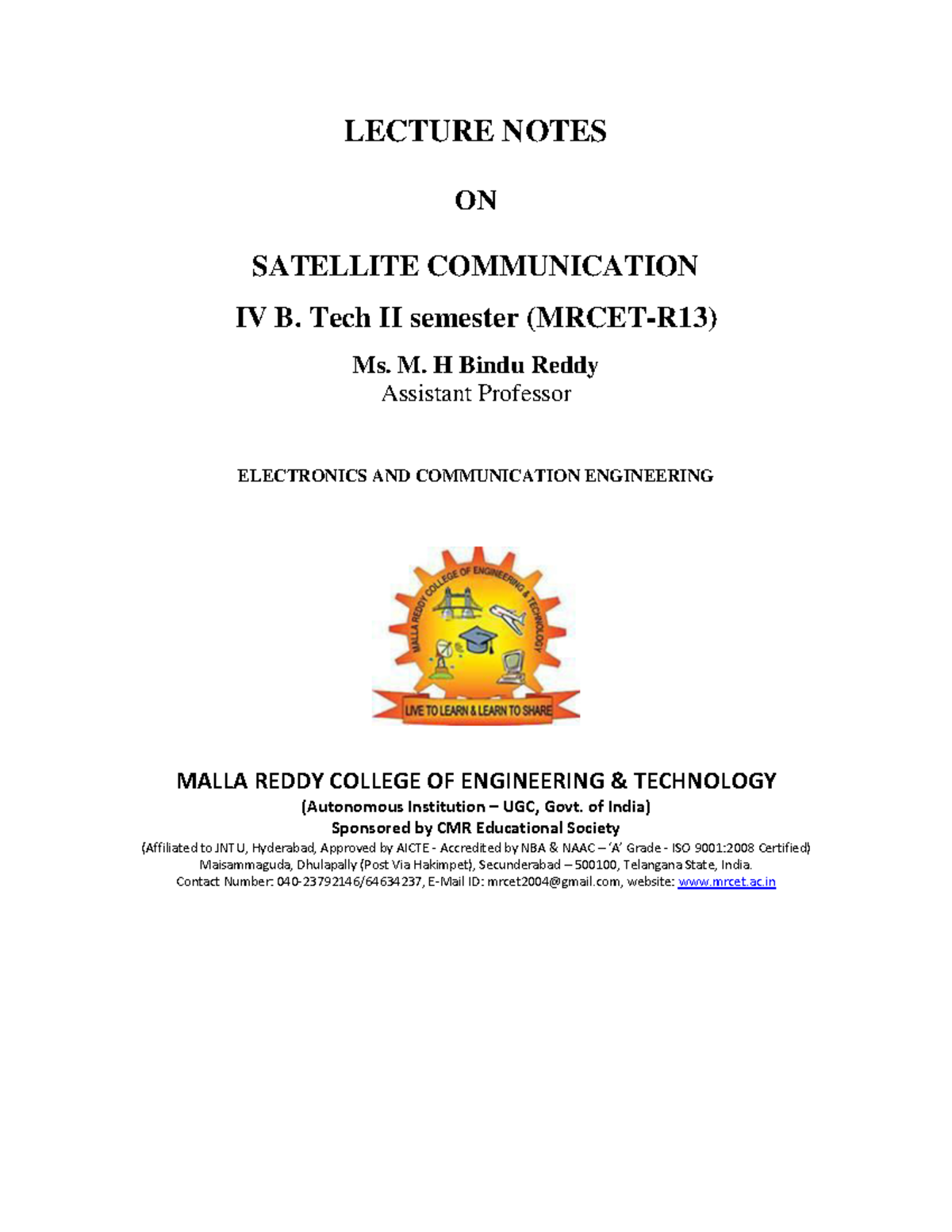 Sattelite Communications Notes Final - LECTURE NOTES ON SATELLITE ...