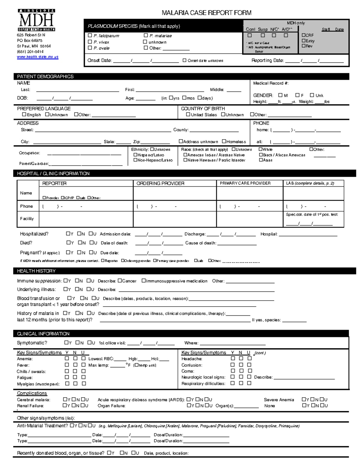 Malariaform - Nothing - MALARIA CASE REPORT FORM PATIENT DEMOGRAPHICS ...