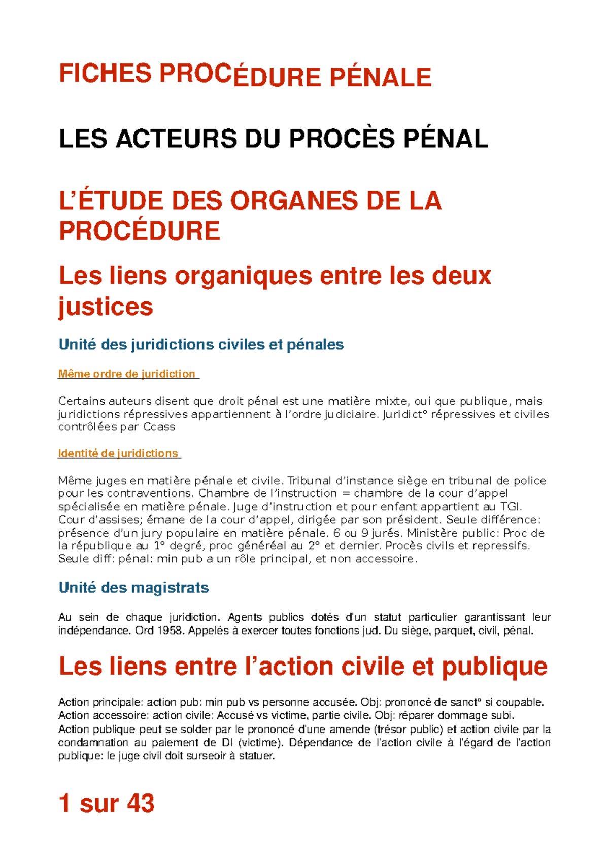 Fiche Procédure Pénale - FICHES LES ACTEURS DU DES ORGANES DE LA Les ...