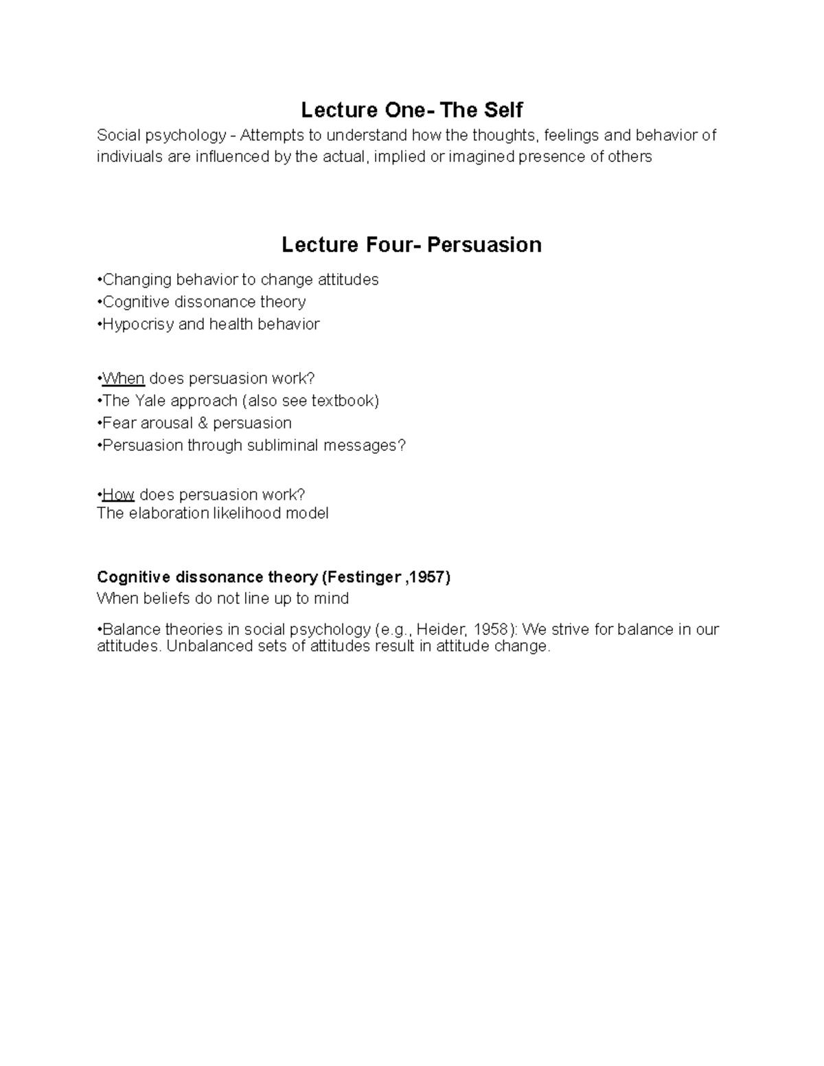 Social psych notes - Lecture One- The Self Social psychology - Attempts ...