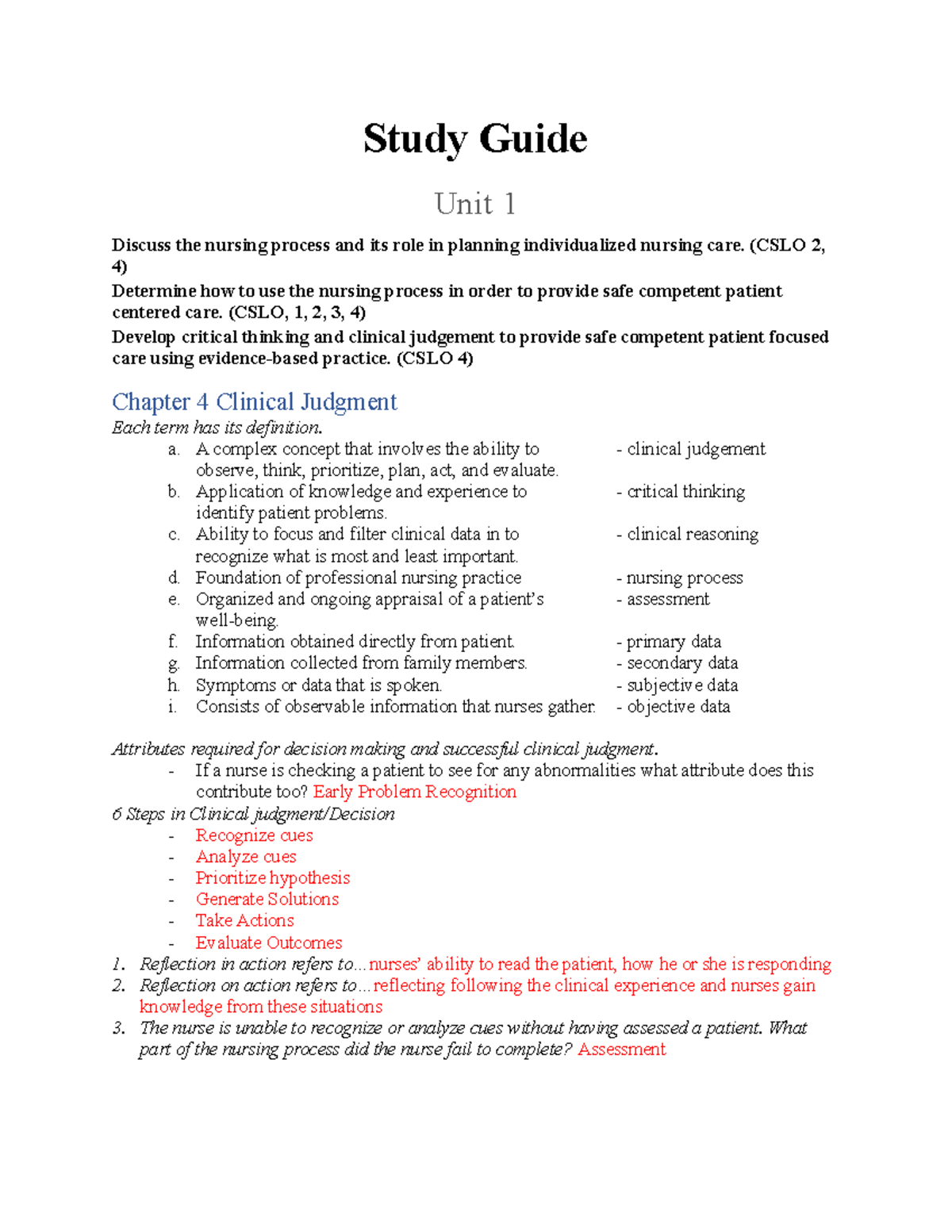 Study Guide - Study Guide Unit 1 Discuss the nursing process and its ...