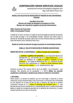 Modelo DE Solicitud DE Reducción DE Pensión EN UNA Universidad Privada -  CORPORACIÓN HIRAM SERVICIOS - Studocu