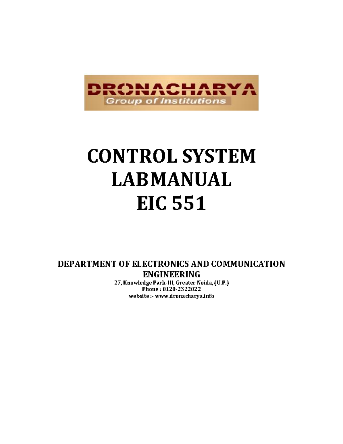 Control System Lab Manual EIC551 CONTROL SYSTEM LAB MANUAL EIC 551