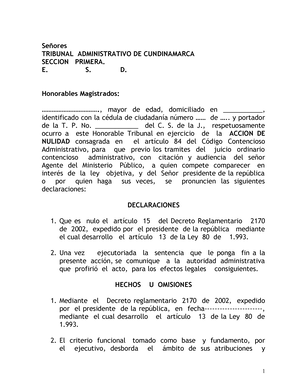 Accion Simple Nulidad - MODELO - Señores TRIBUNAL ADMINISTRATIVO DE  CUNDINAMARCA SECCION PRIMERA. E. - Studocu